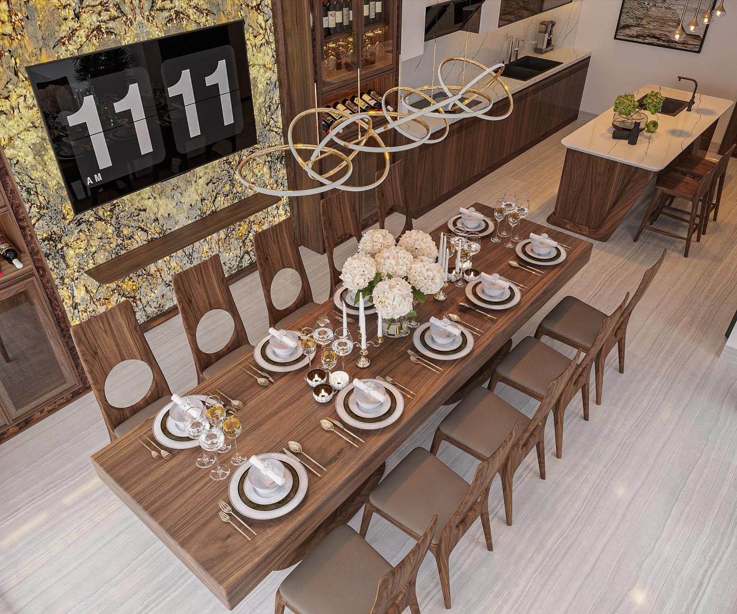 Bộ bàn ăn 10 ghế gỗ tự nhiên tone nâu đậm với ghế cutout và đệm da cao cấp