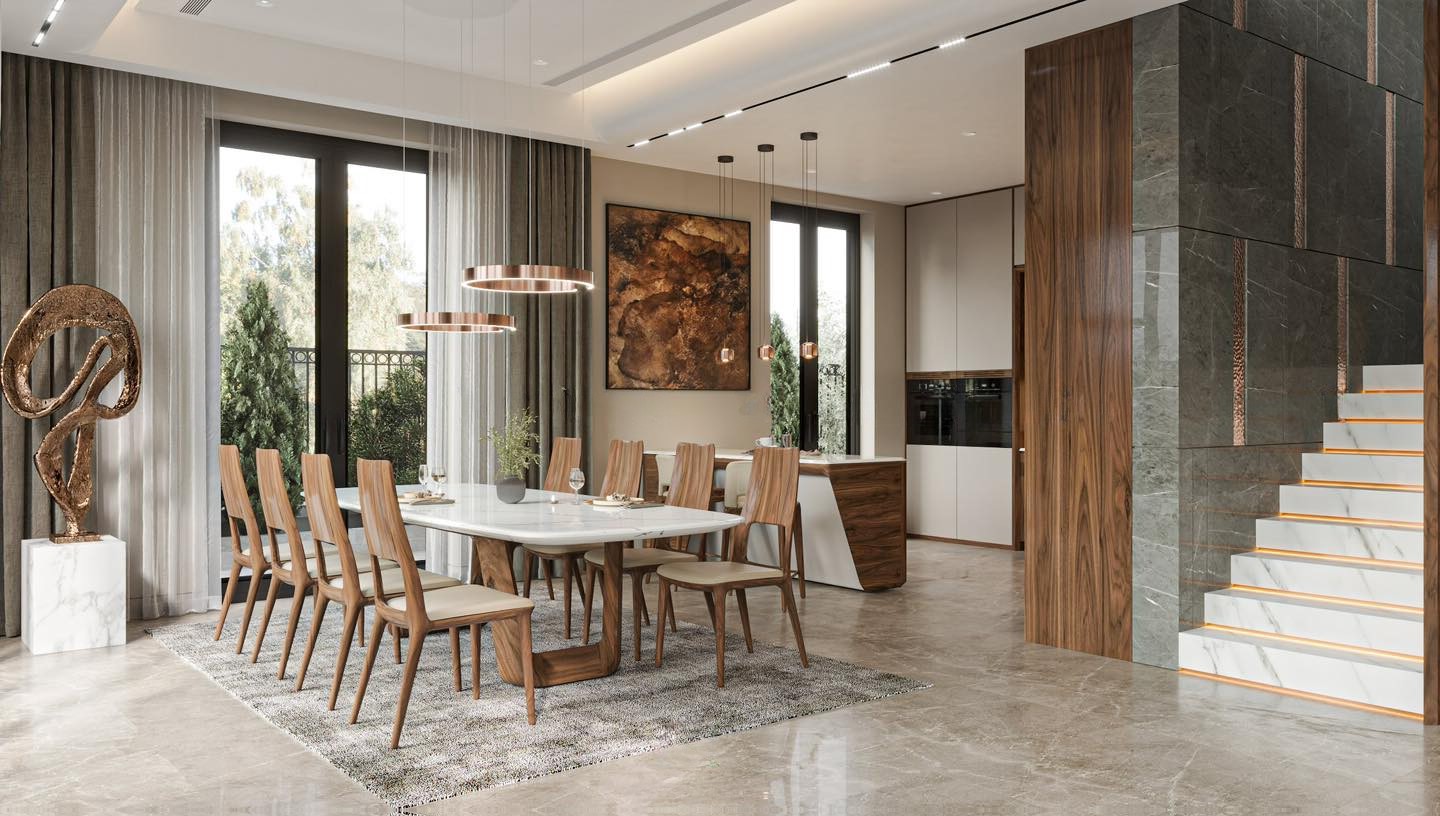 Bàn ăn 8 ghế mặt đá marble trắng vân mây xám và ghế bọc da màu kem