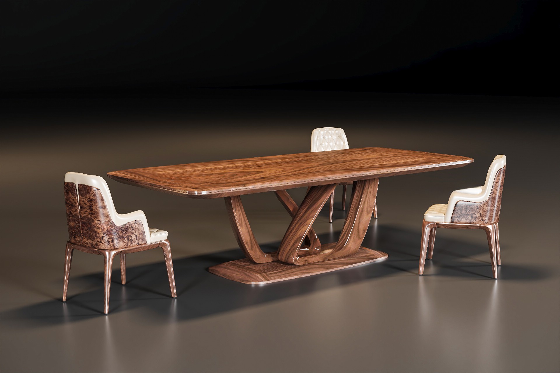 Bàn ăn cao cấp gỗ tự nhiên với ghế da trắng kem và veneer nu sang trọng