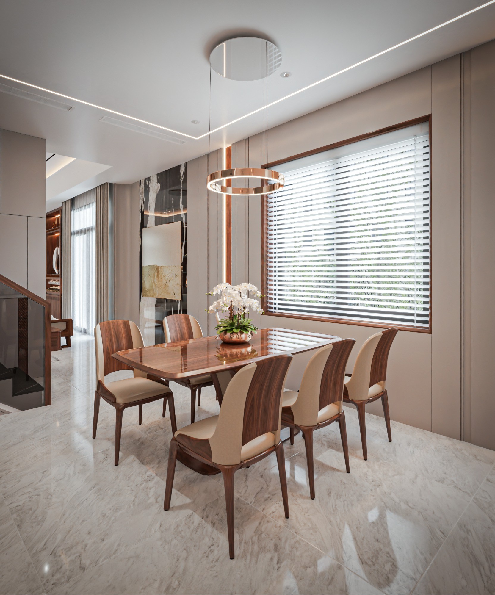 Bàn ăn gỗ óc chó 6 ghế hiện đại cho phòng ăn gia đình