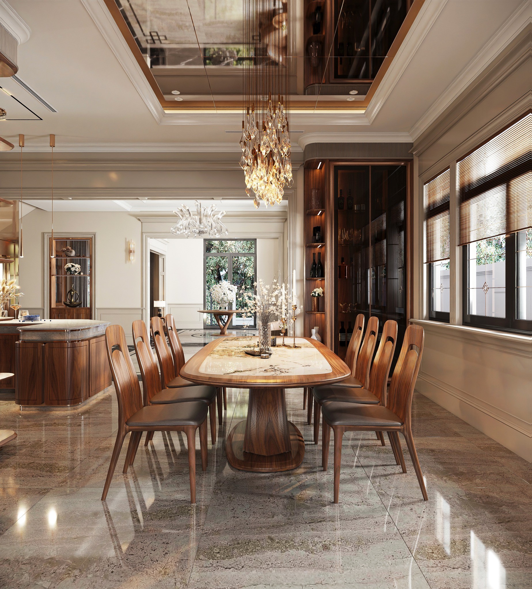 Bàn ăn mặt đá hiện đại 8 ghế gỗ óc chó hoặc gỗ sồi tự nhiên kết hợp mặt đá marble trắng vân xám vàng