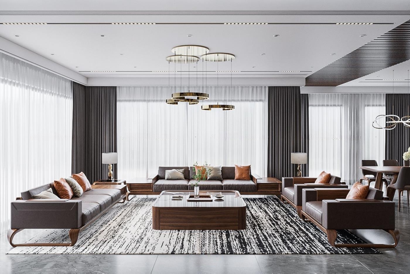 Bộ bàn ghế gỗ phòng khách hiện đại chữ U với tay vịn ốp da xám và bàn trà kính bo tròn