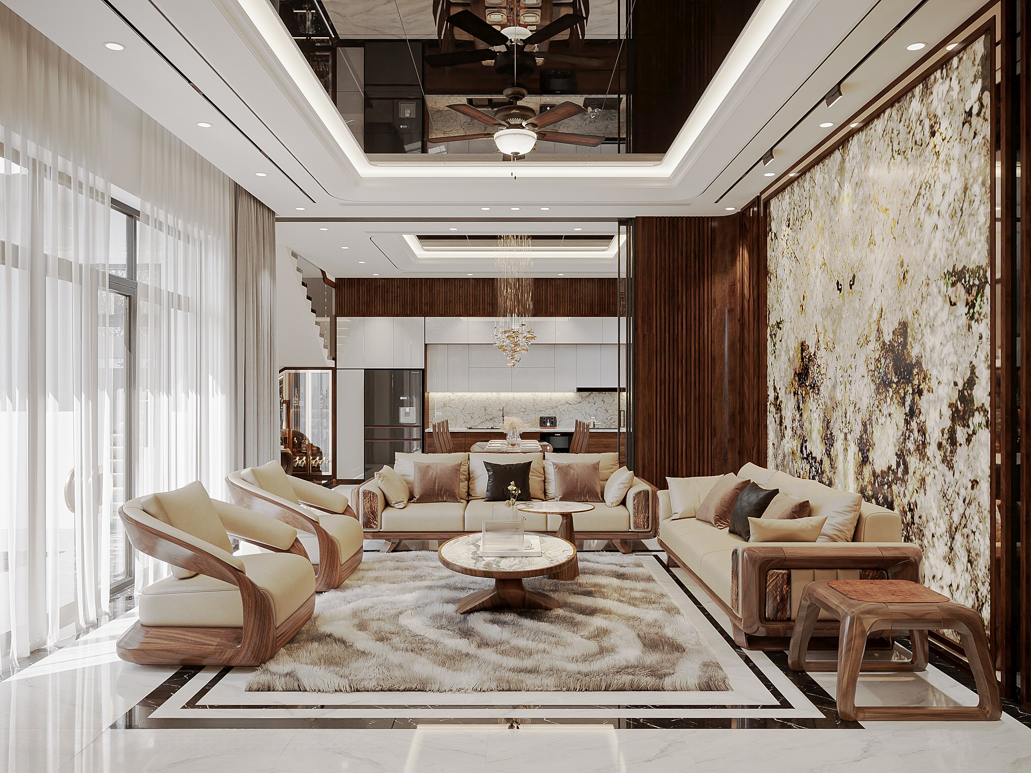 Bộ bàn ghế phòng khách đẹp với khung gỗ óc chó nâu trầm và bàn trà mặt đá marble sang trọng