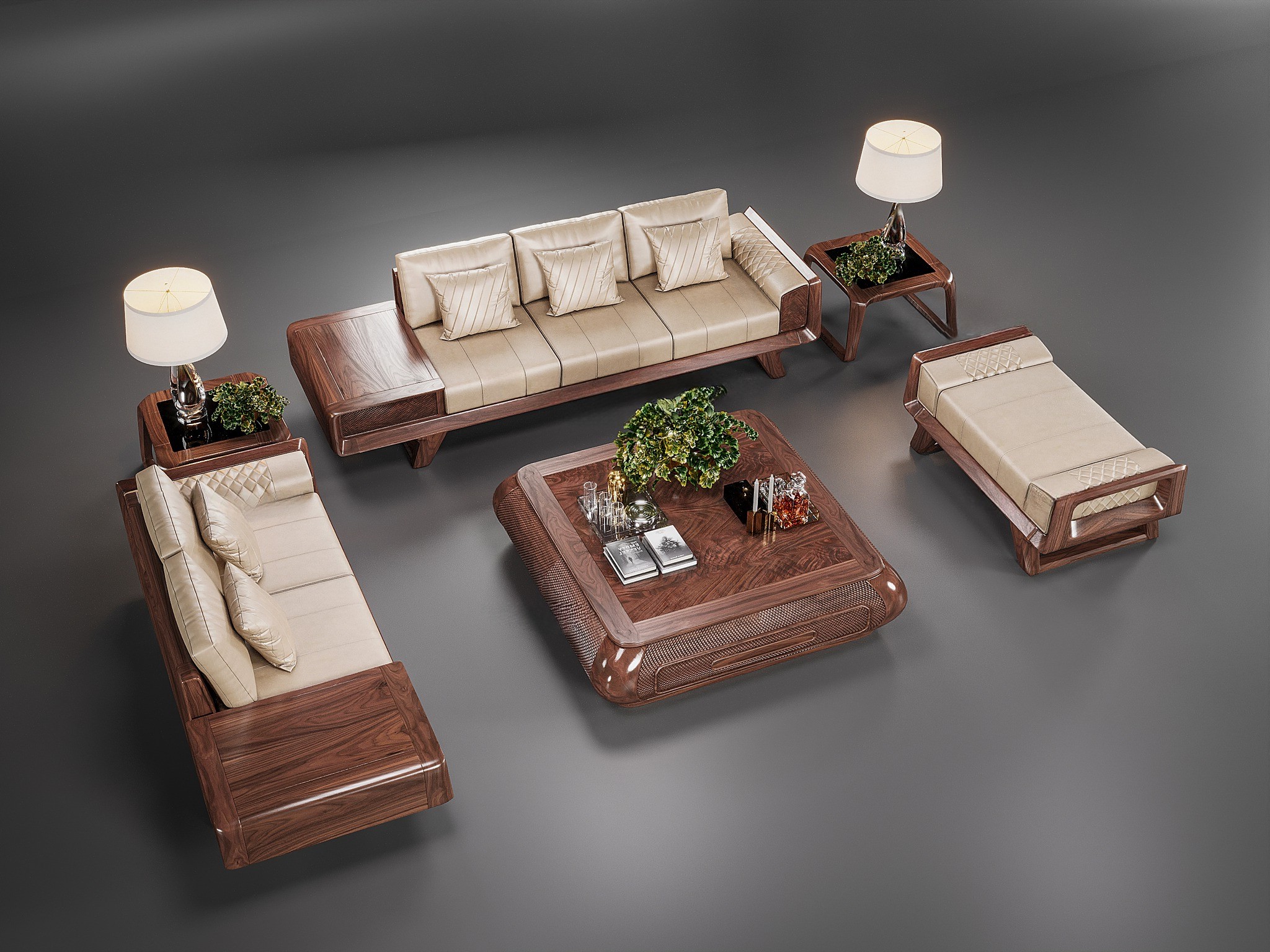 Bộ bàn ghế phòng khách gỗ óc chó hiện đại với ghế băng chữ I và bàn trà veneer nu