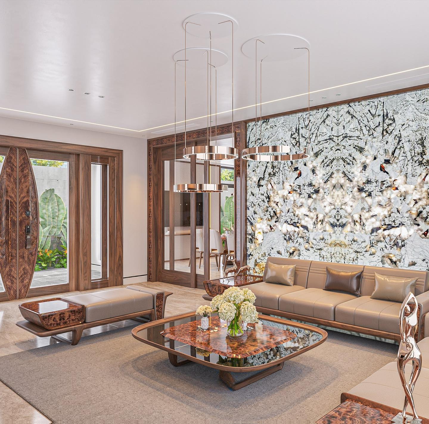 Bàn trà hiện đại hình vuông 2 tầng với chân chữ U và mặt kính cường lực sang trọng