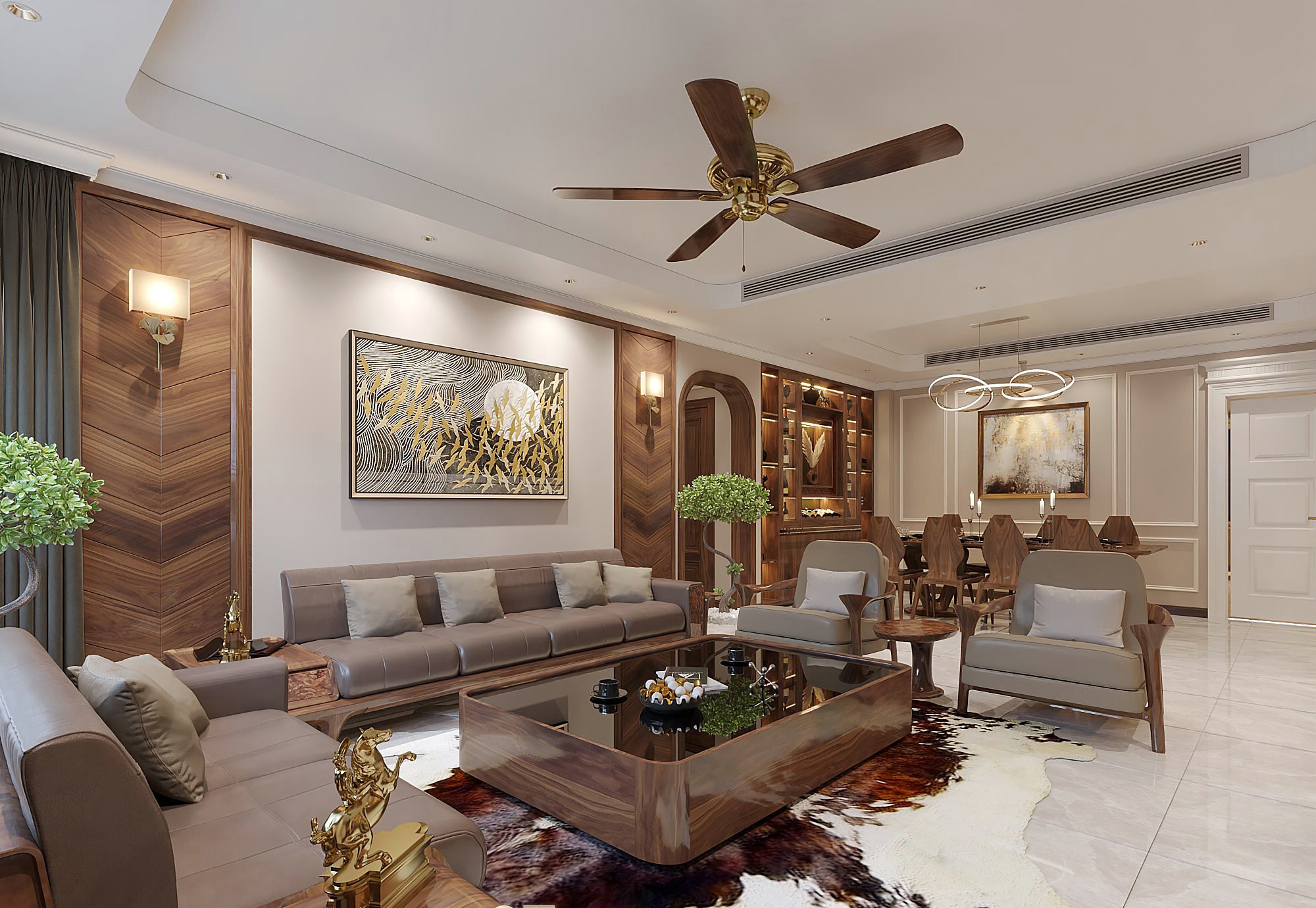 Bàn trà phòng khách đẹp kết hợp tủ rượu âm tường gỗ veneer nu hiện đại