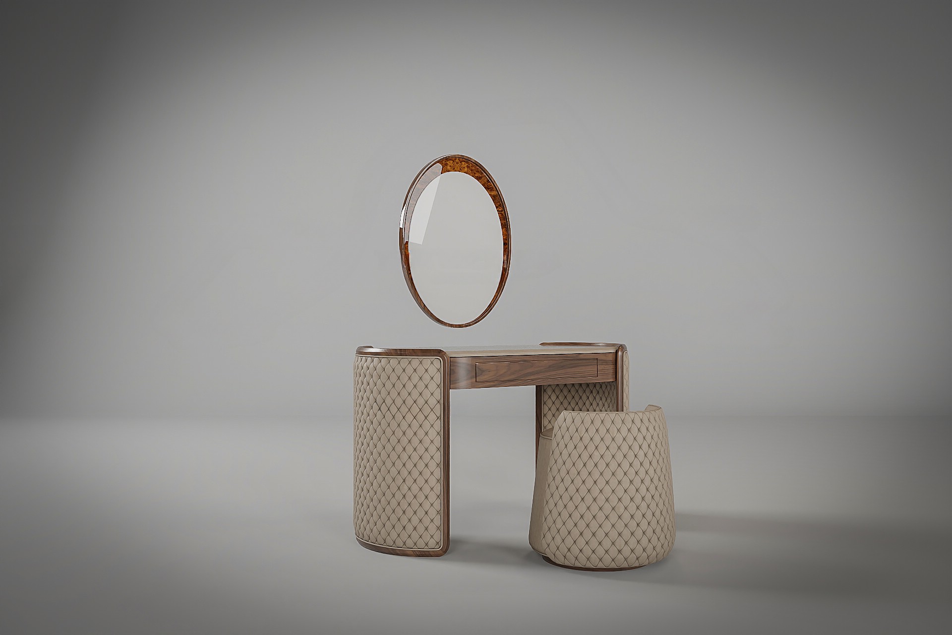 Bàn trang điểm bằng gỗ đẹp nhất với gương oval và chân bàn cong bọc da sang trọng