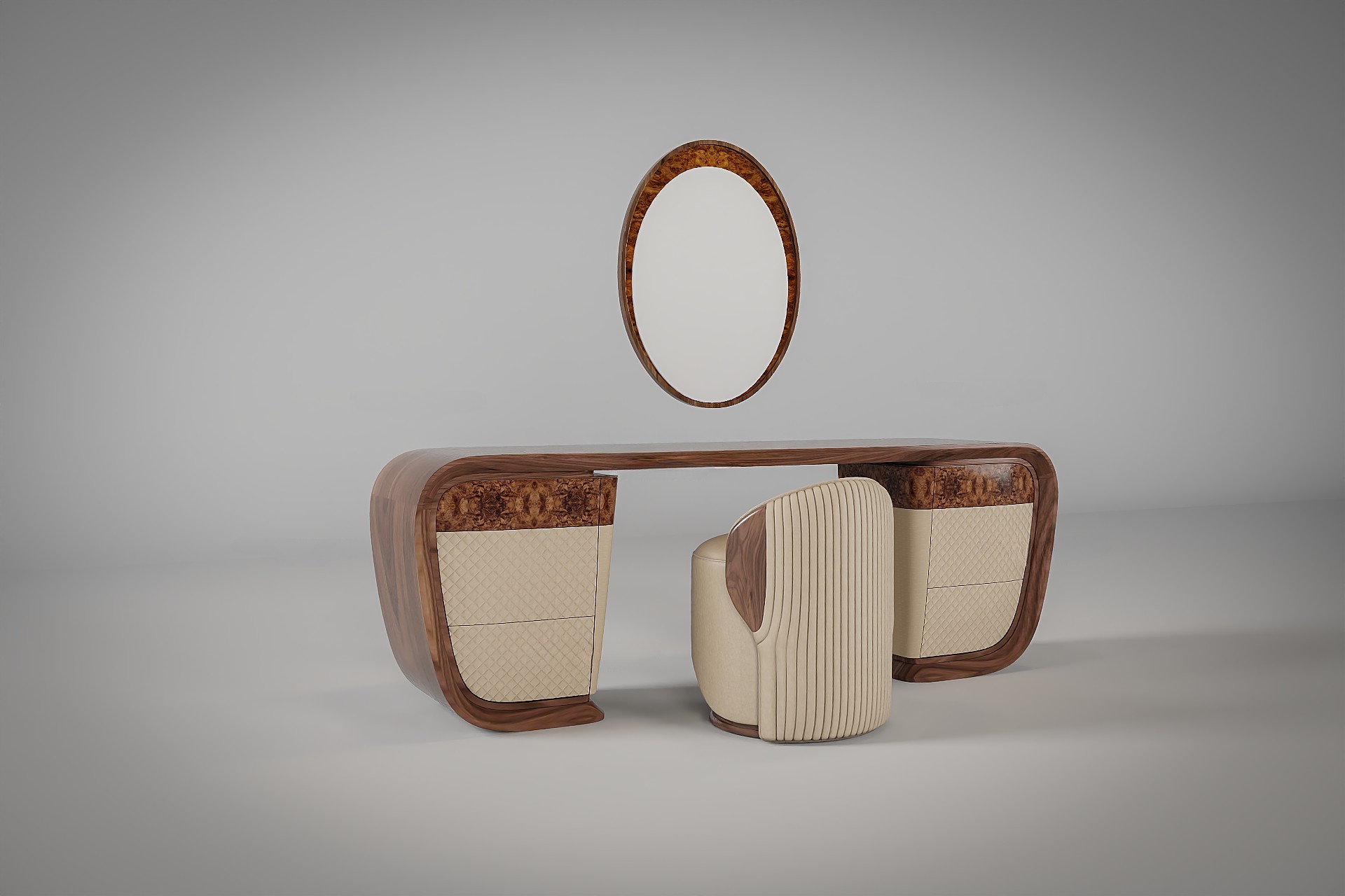 Bàn trang điểm bằng gỗ liền khối với ngăn kéo ốp da chần bông sang trọng