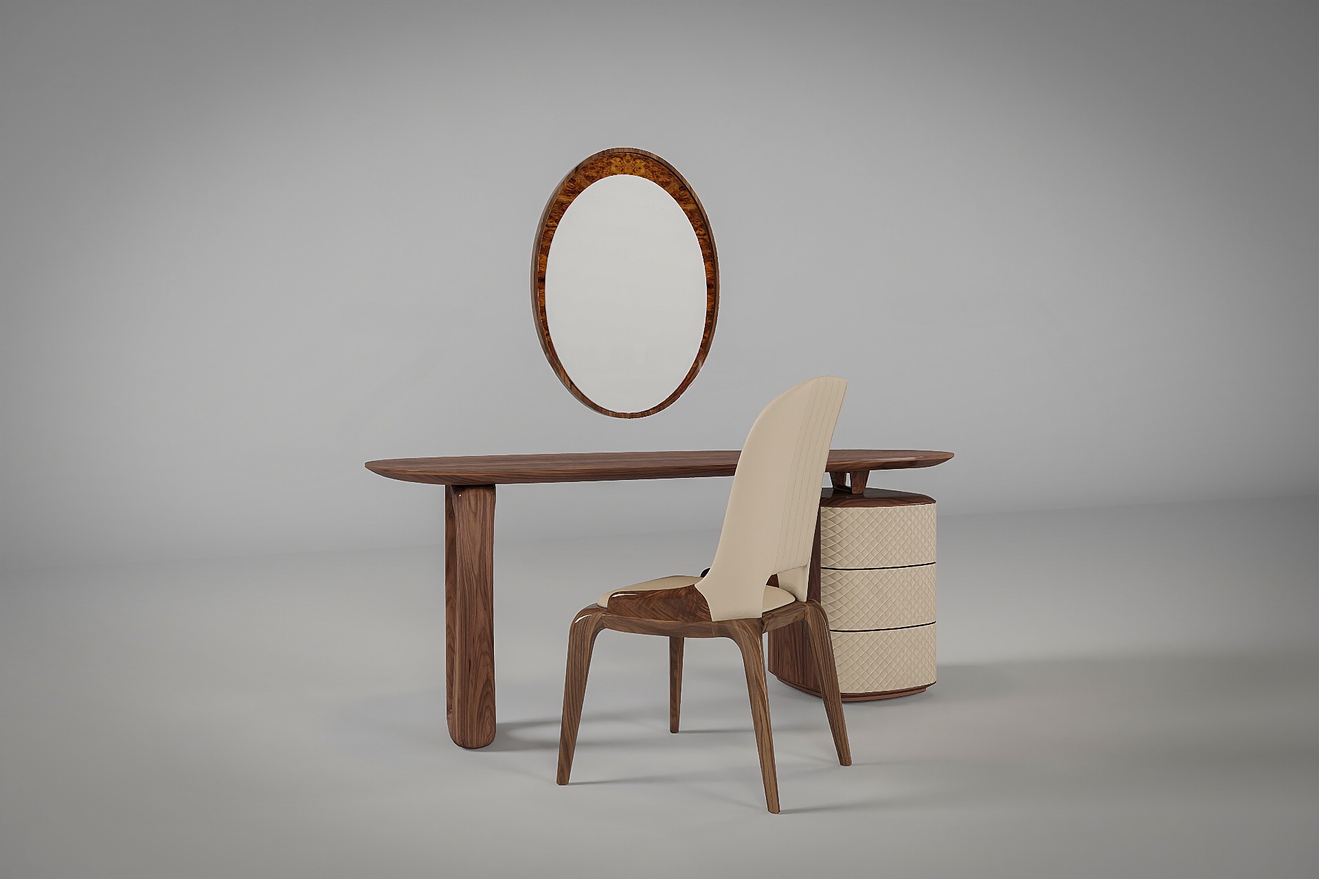 Bàn trang điểm gỗ cao cấp thiết kế oval gỗ óc chó hoặc gỗ sồi kết hợp ngăn kéo ốp da