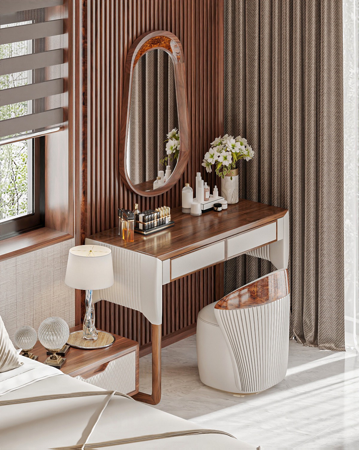 Bàn trang điểm gỗ óc chó đẹp trẻ trung và sang trọng