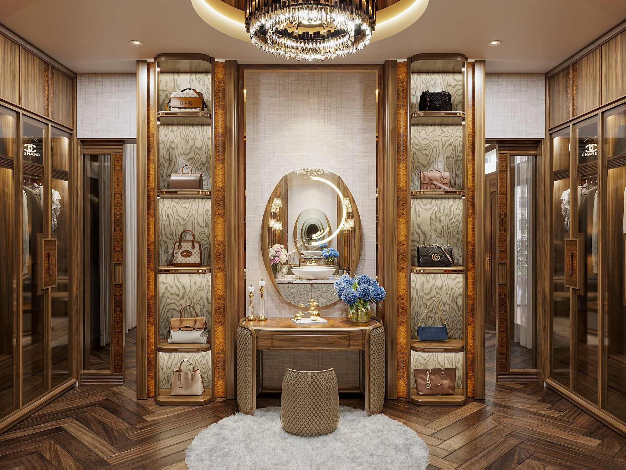 Bàn trang điểm gỗ tự nhiên hiện đại mặt bầu dục veneer nu và chân cong ốp da chần bông