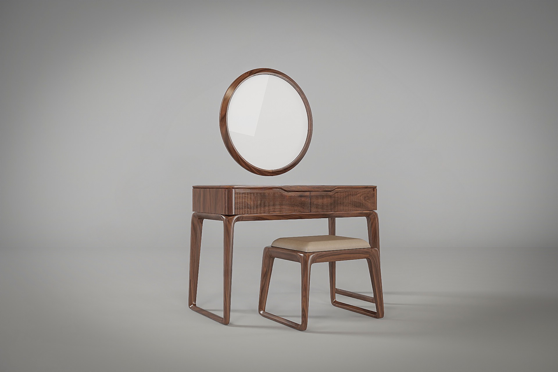 Bàn trang điểm gỗ tự nhiên với gương tròn viền gỗ và ghế đôn bọc nỉ màu be vàng