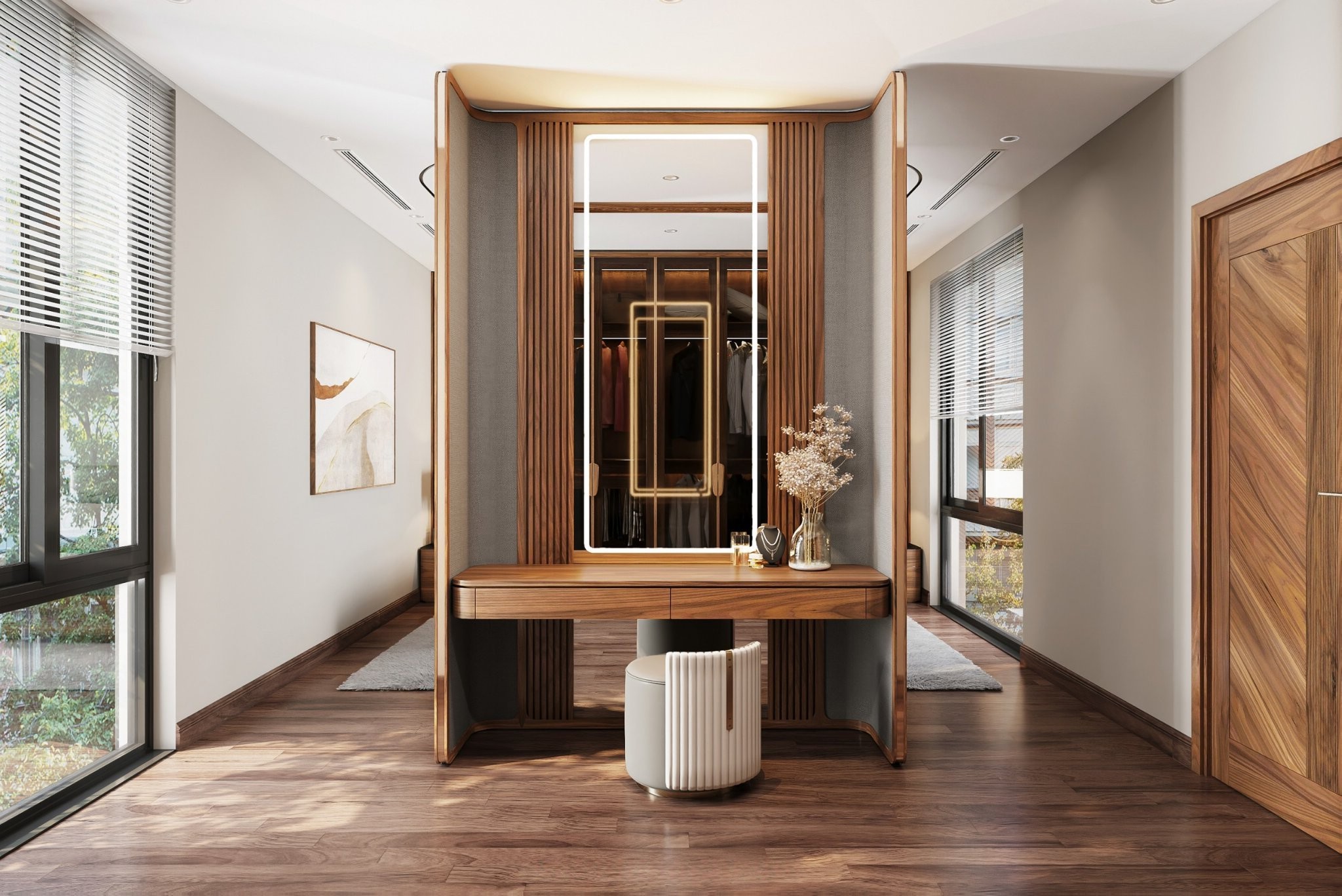 Bàn trang điểm phòng ngủ kết hợp vách ngăn gương cao kịch trần