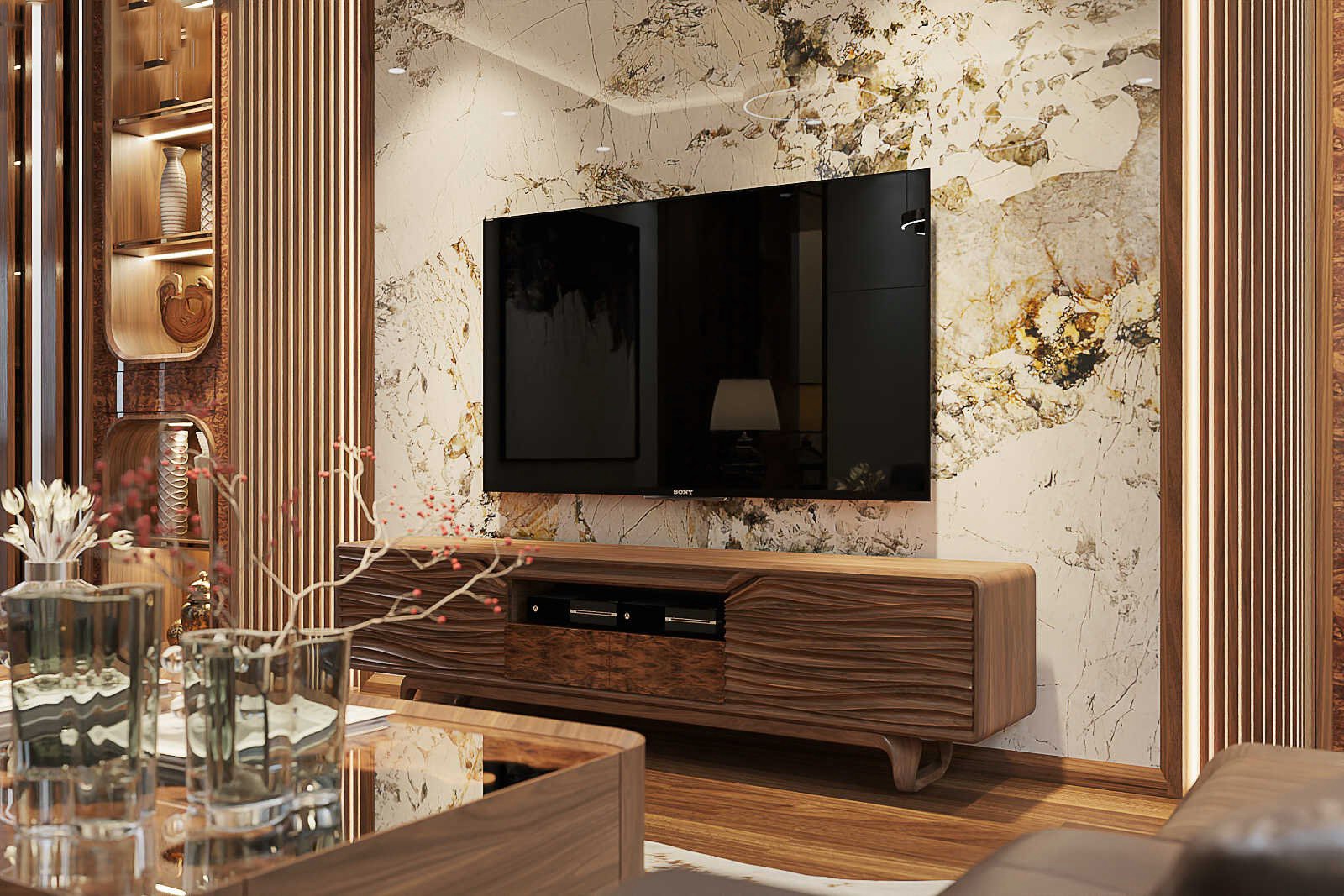 Kệ tivi gỗ óc chó cao cấp, hiện đại