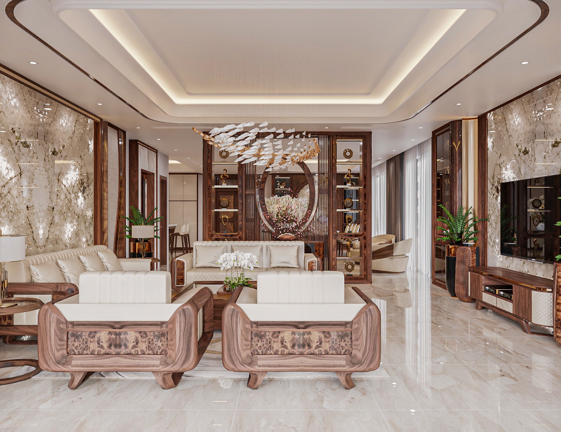 Báo giá nội thất gỗ óc chó phòng khách hiện đại sang trọng