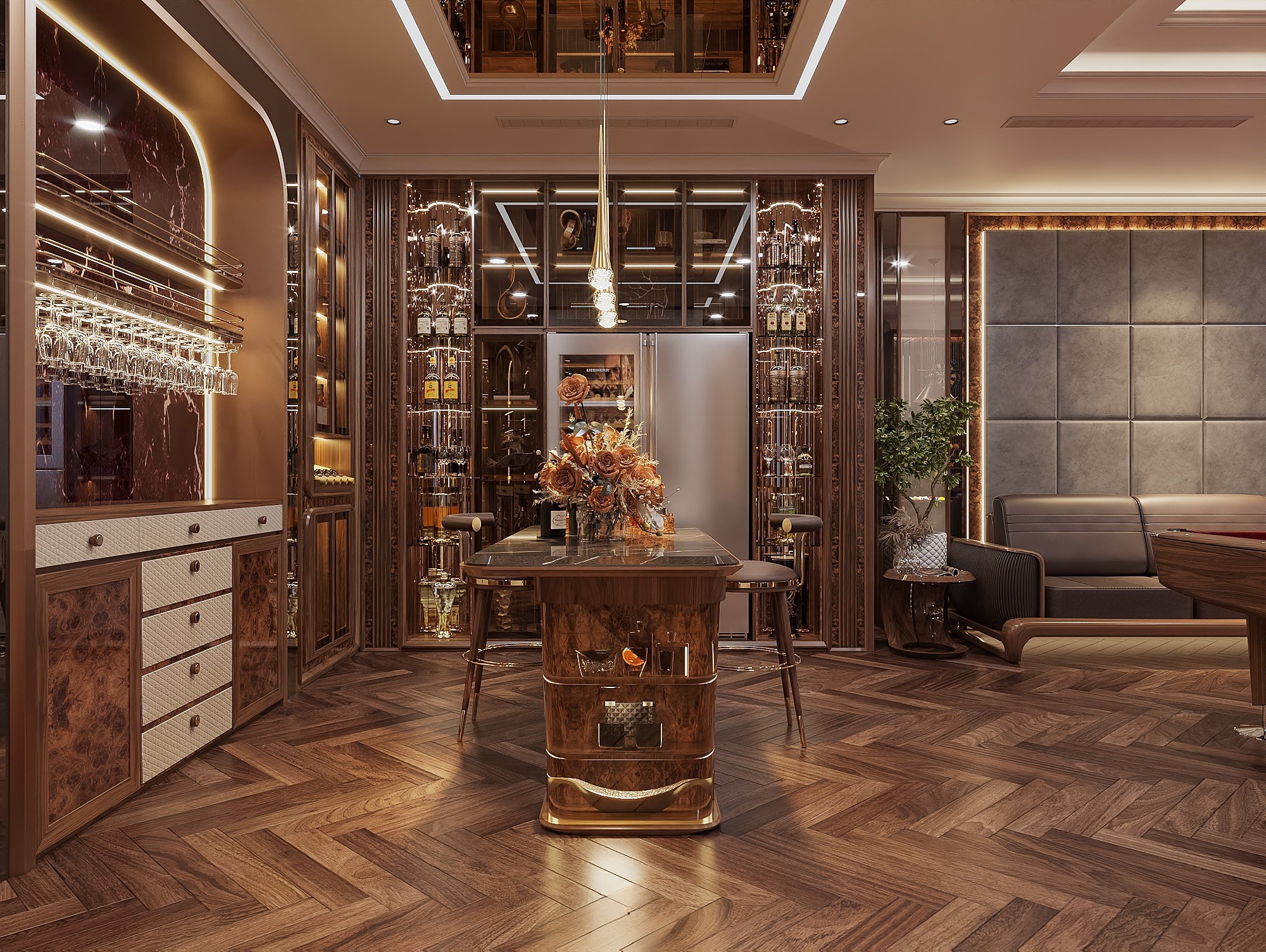 Tủ rượu gỗ óc chó chữ L sang trọng và hiện đại