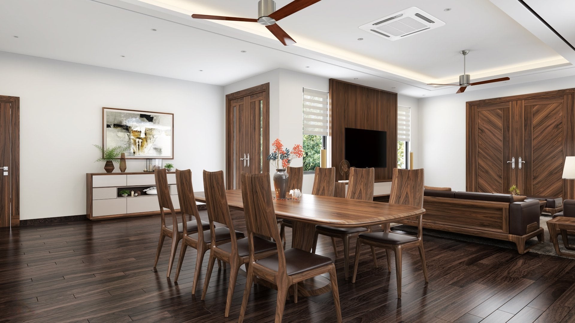 Bộ bàn ăn 8 ghế gỗ óc chó sang trọng tiện nghi