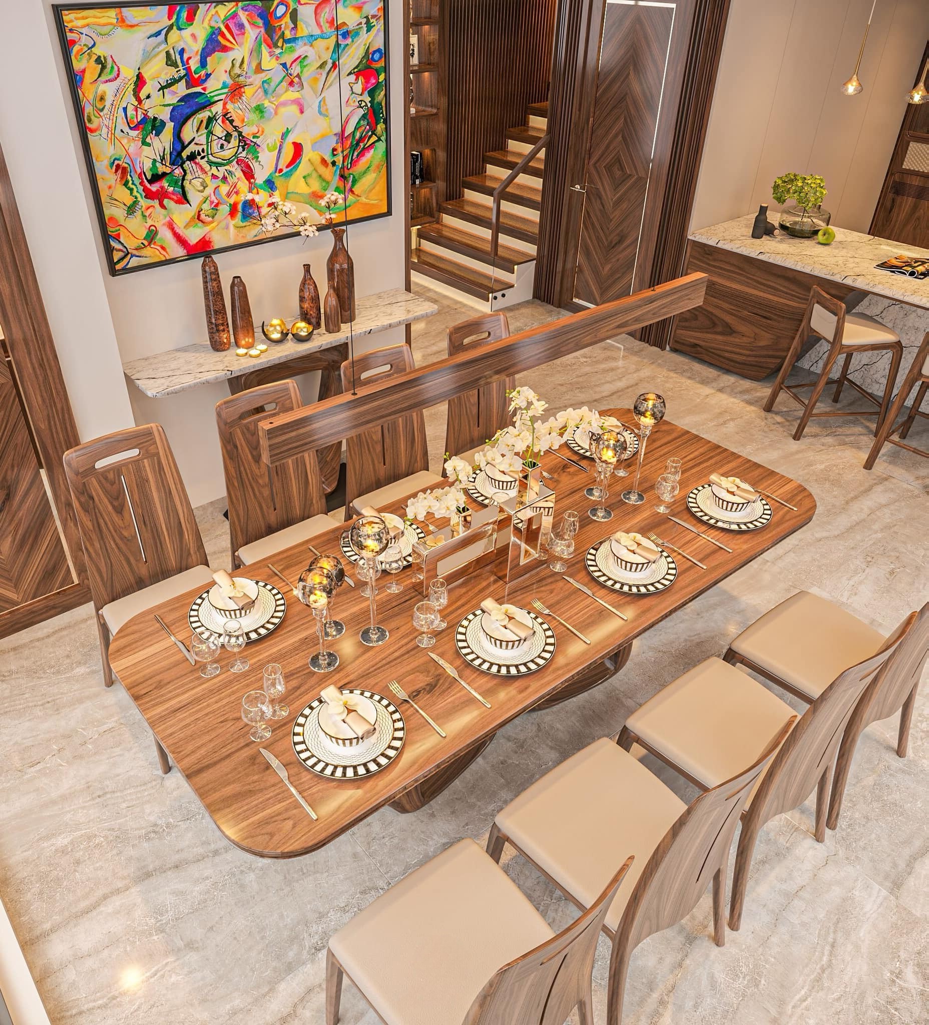 Bộ bàn ăn 8 ghế gỗ óc chó hoặc gỗ sồi màu nâu đậm hiện đại