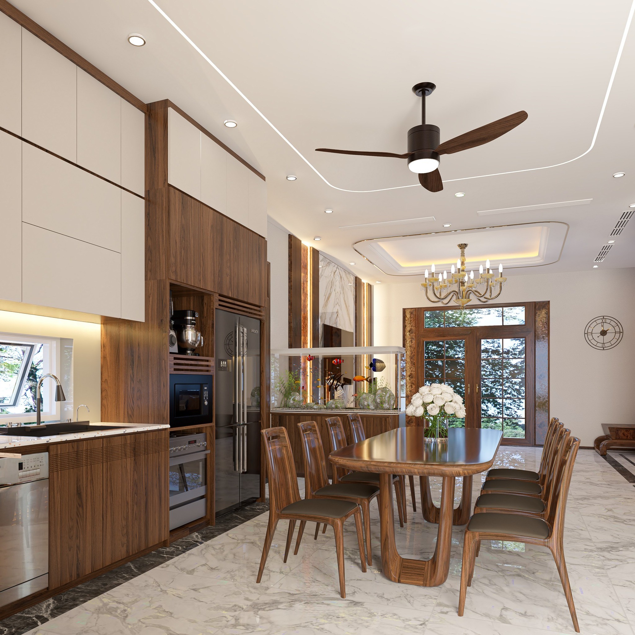 Bộ bàn ăn gỗ cao cấp 8 ghế gỗ óc chó hoặc gỗ gụ màu nâu trầm