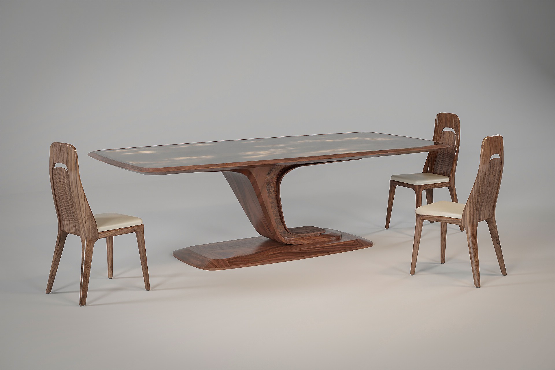 Bộ bàn ăn mặt đá đen vân vàng với ghế gỗ tự nhiên bọc da trắng kem