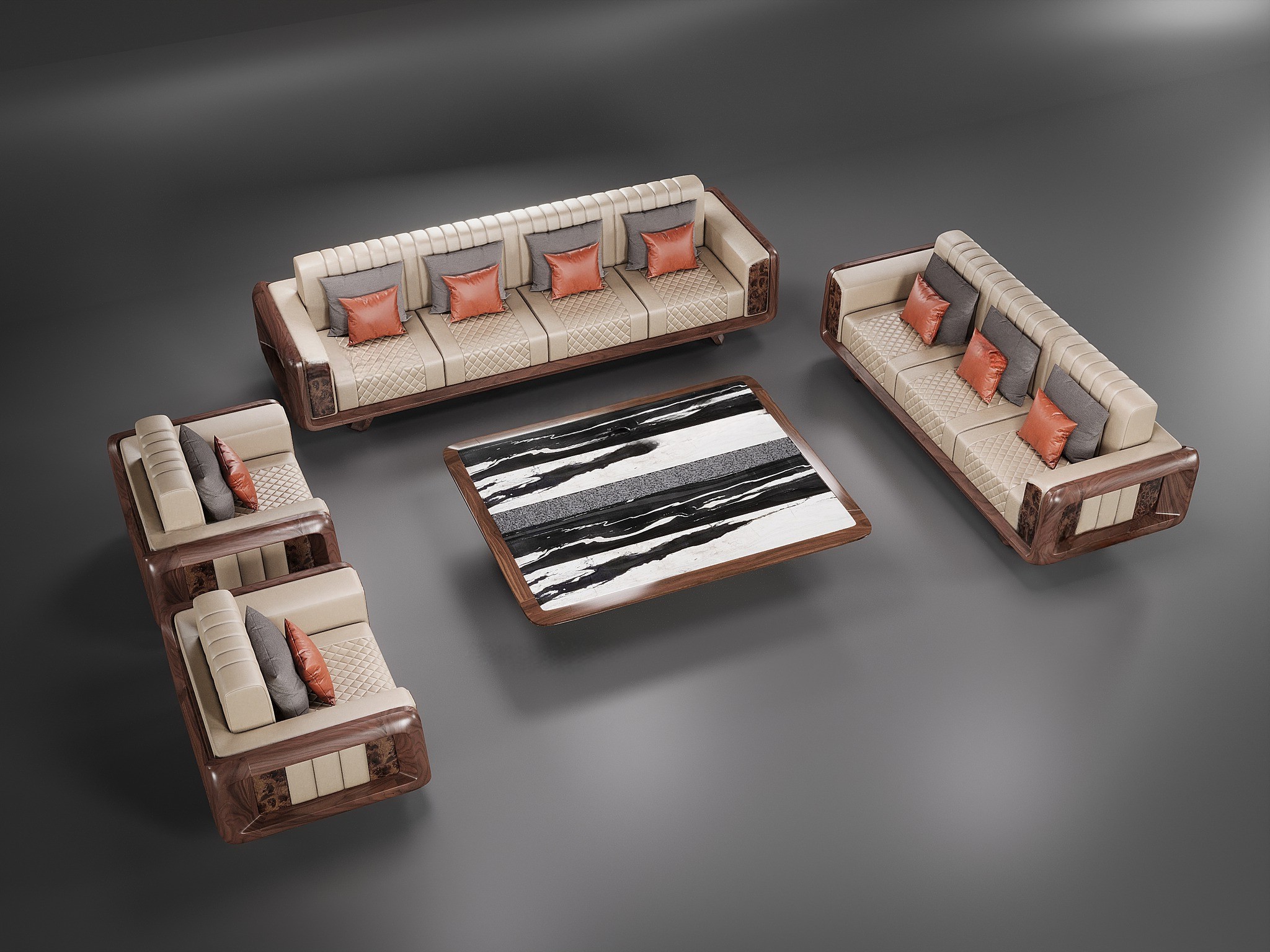 Bộ bàn ghế phòng khách đẹp từ gỗ óc chó tự nhiên với bàn trà mặt đá sang trọng