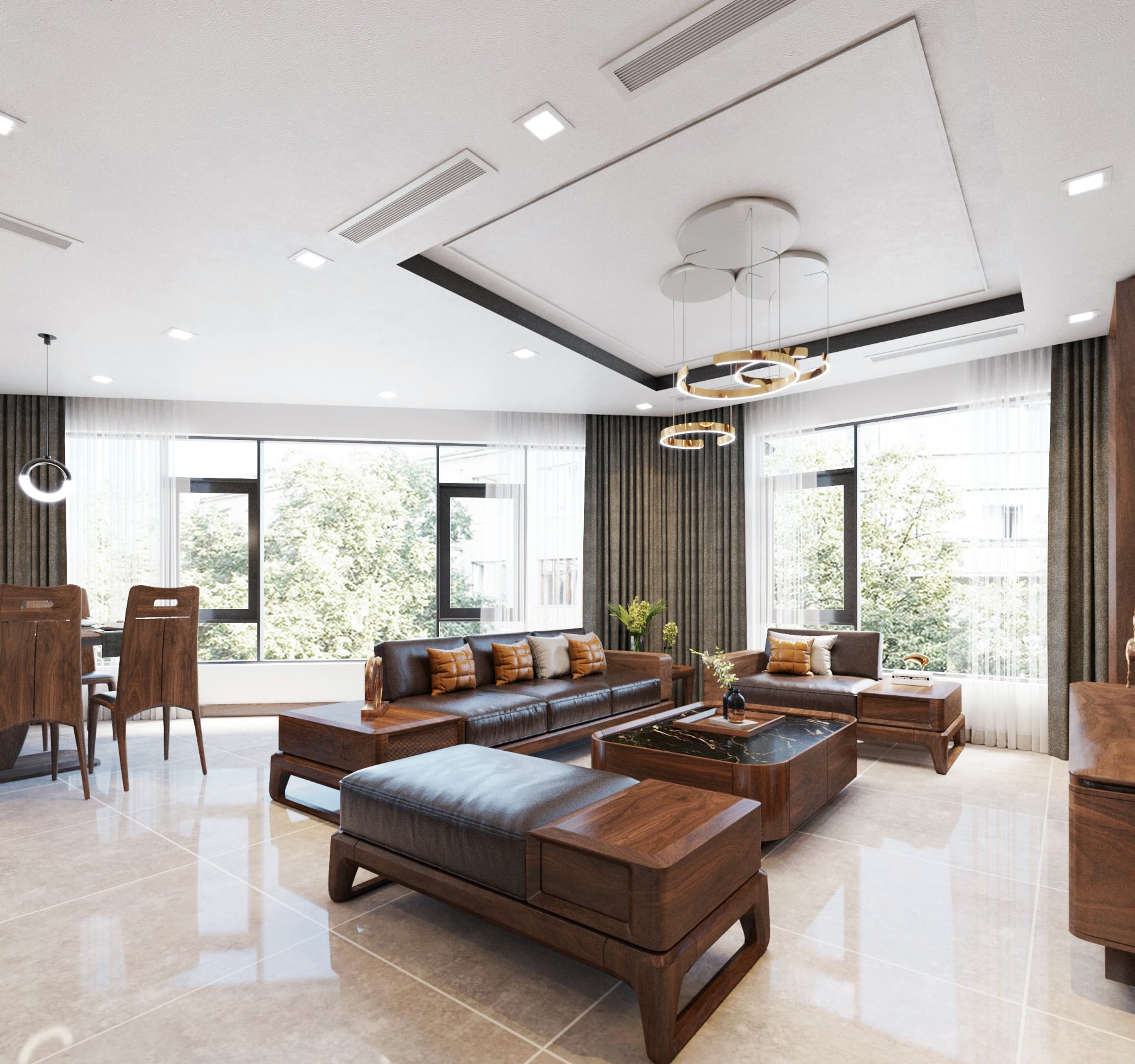 Bộ bàn ghế phòng khách gỗ óc chó cao cấp với thiết kế hiện đại sang trọng