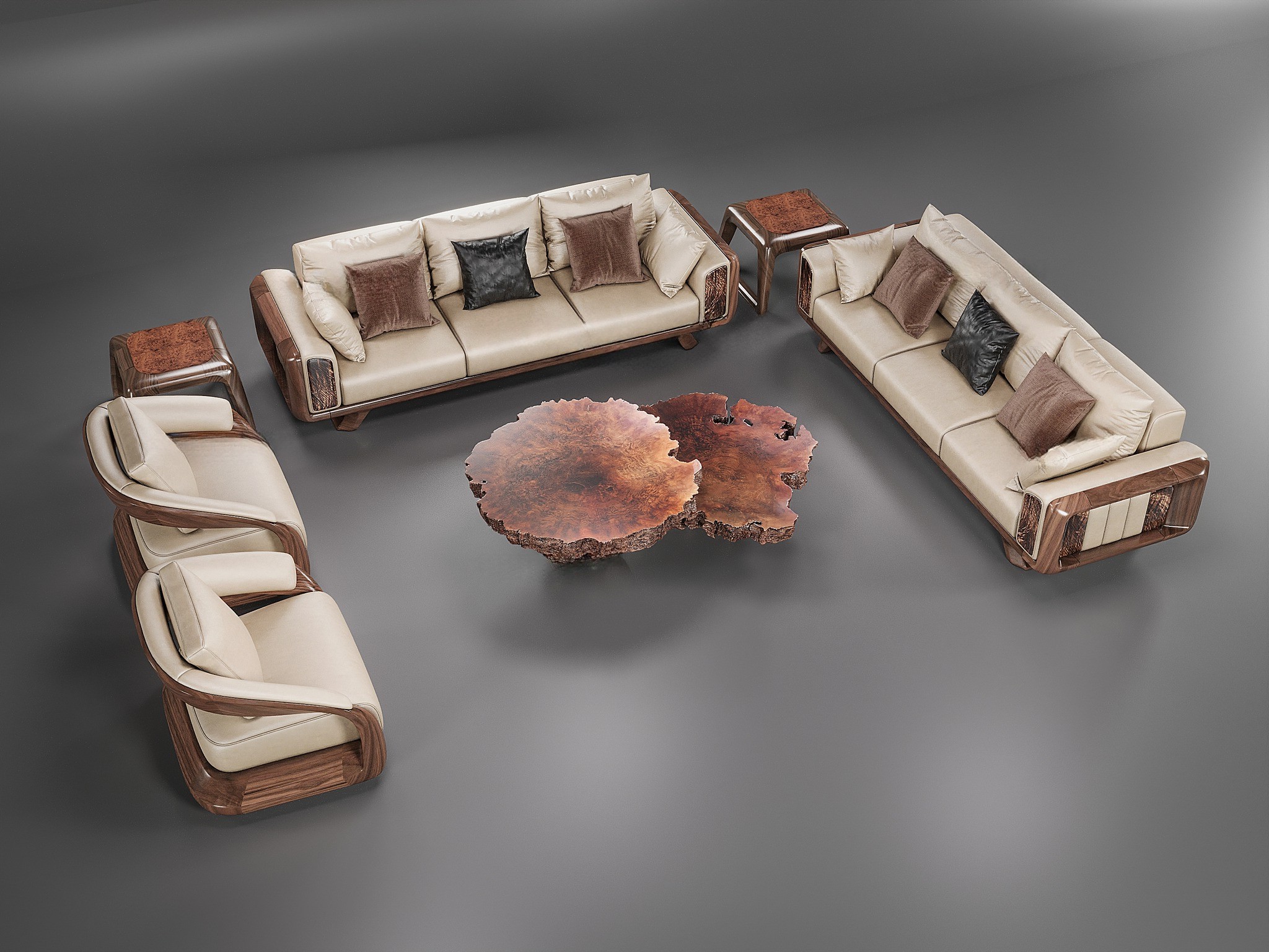 Bộ bàn ghế phòng khách hiện đại từ gỗ tự nhiên với đệm da trắng kem