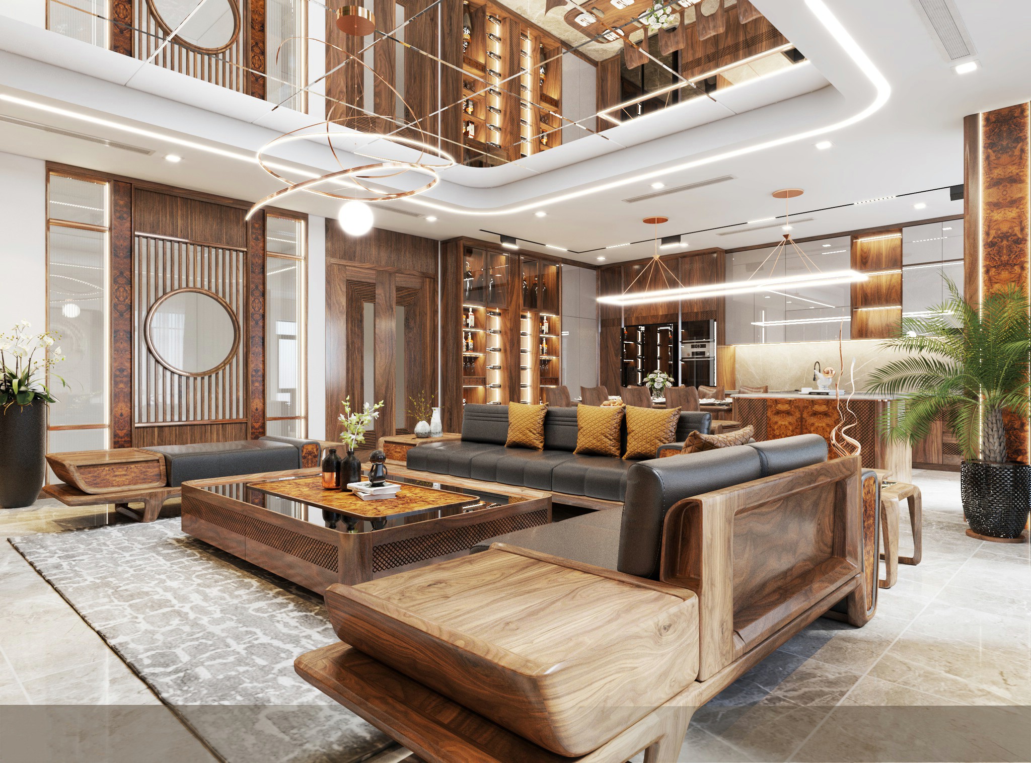 Bộ bàn ghế sofa gỗ óc chó chữ U với bàn trà veneer nu kính sang trọng