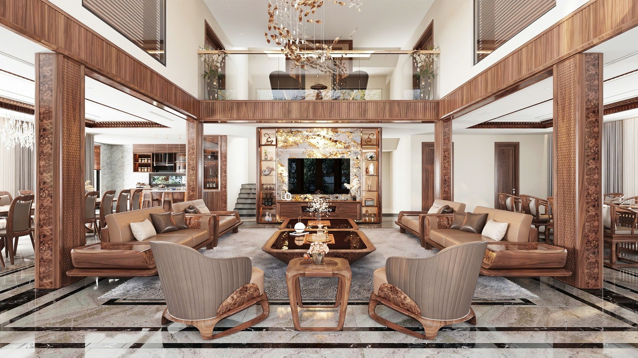 Bộ ghế sofa gỗ tự nhiên với đệm da PU nâu sữa và bàn trà mặt kính đen sang trọng