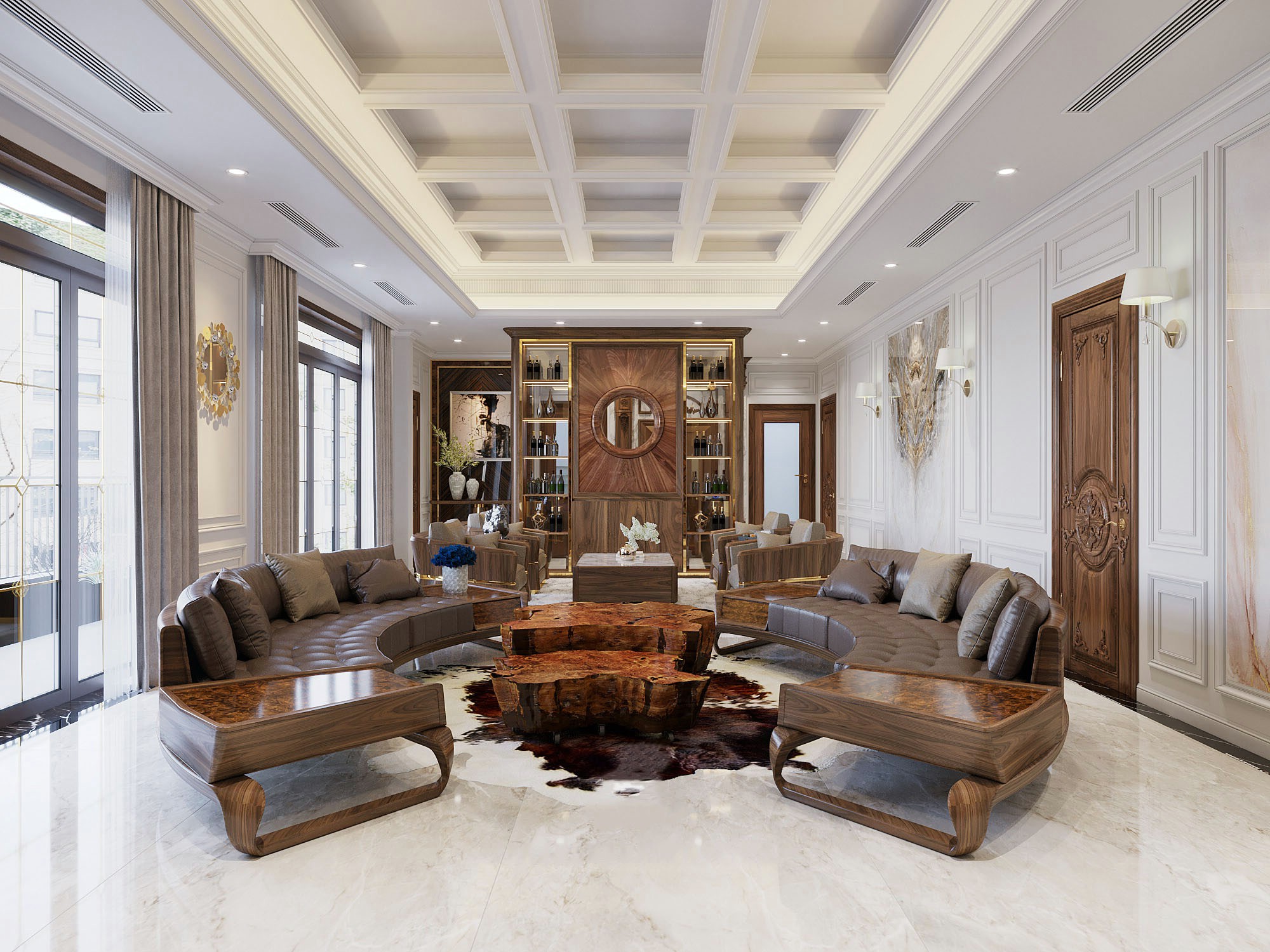 Bộ sofa gỗ óc chó dáng cánh cung và bàn trà từ Nu óc chó