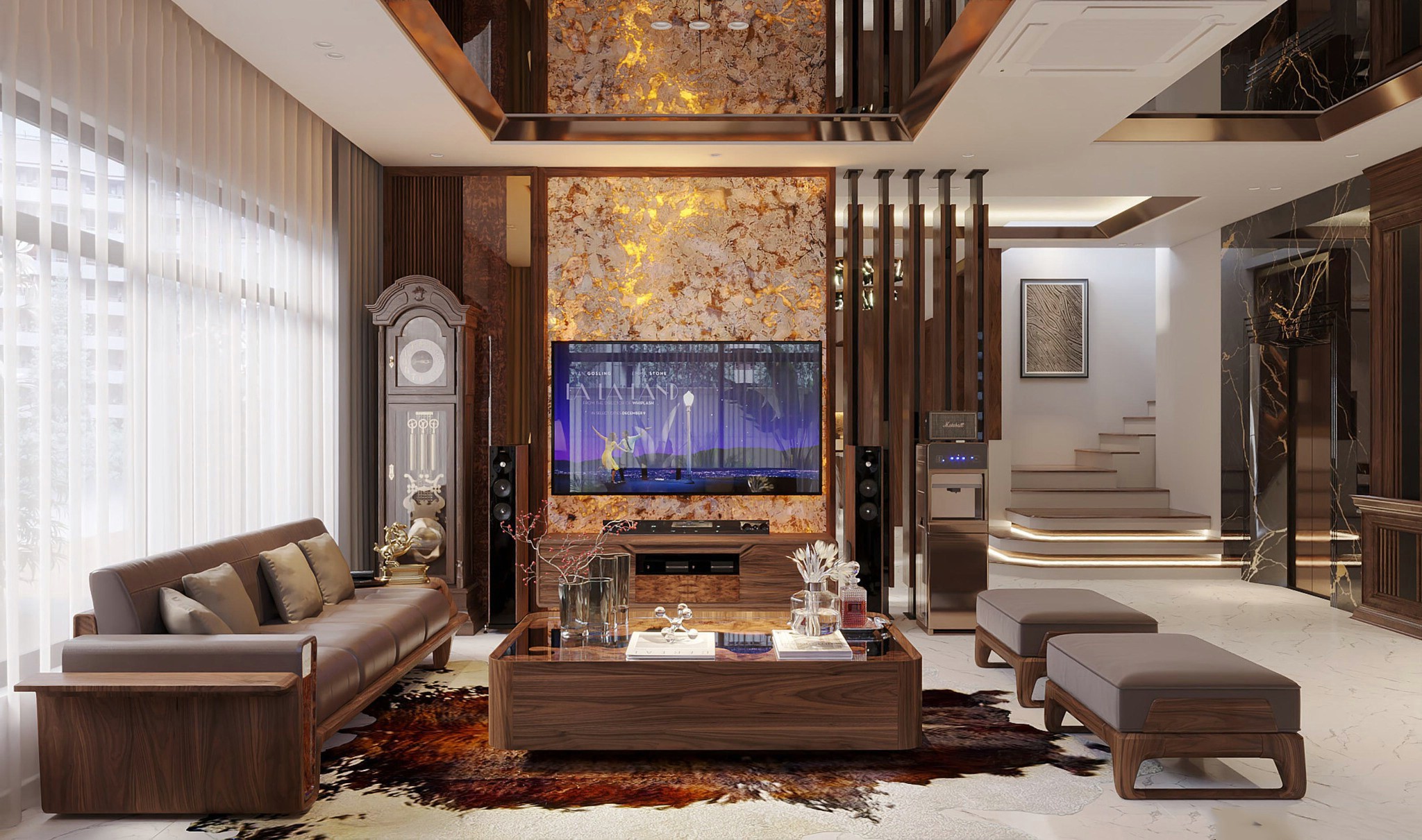 Ghế sofa gỗ phòng khách nhỏ gọn với bàn trà vuông mặt kính và gỗ nguyên khối