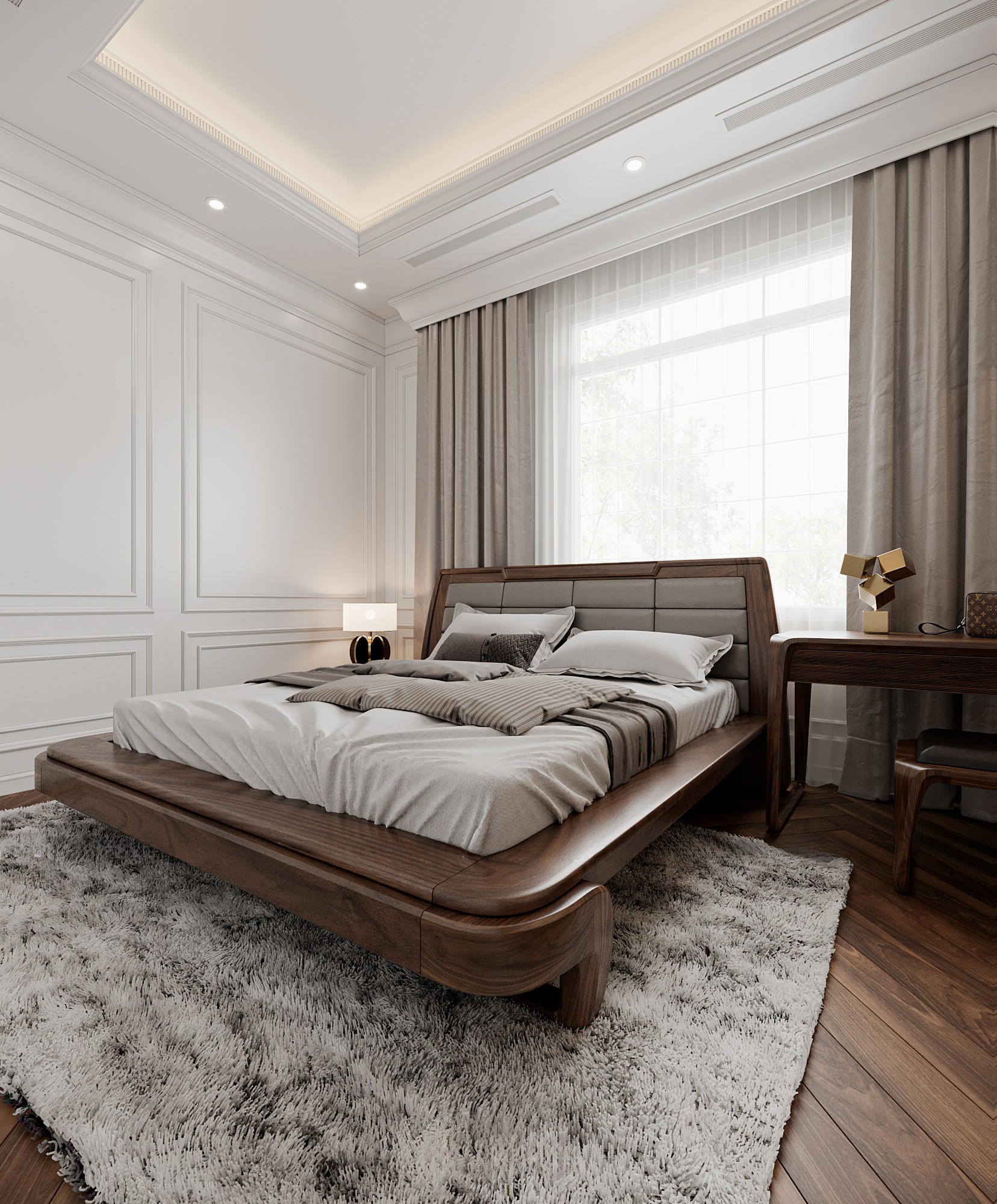 Giường gỗ đẹp hiện đại khung liền khối bo cong và tựa đầu bọc da sang trọng