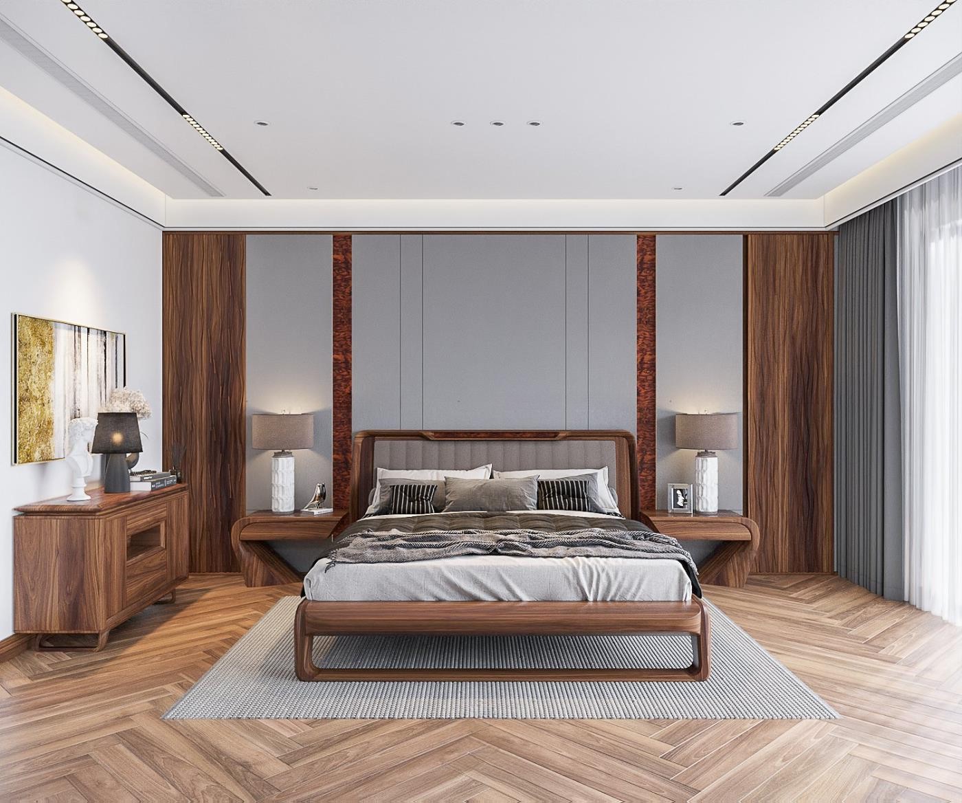 Giường gỗ óc chó sang trọng với tựa đầu bọc da ghi xám