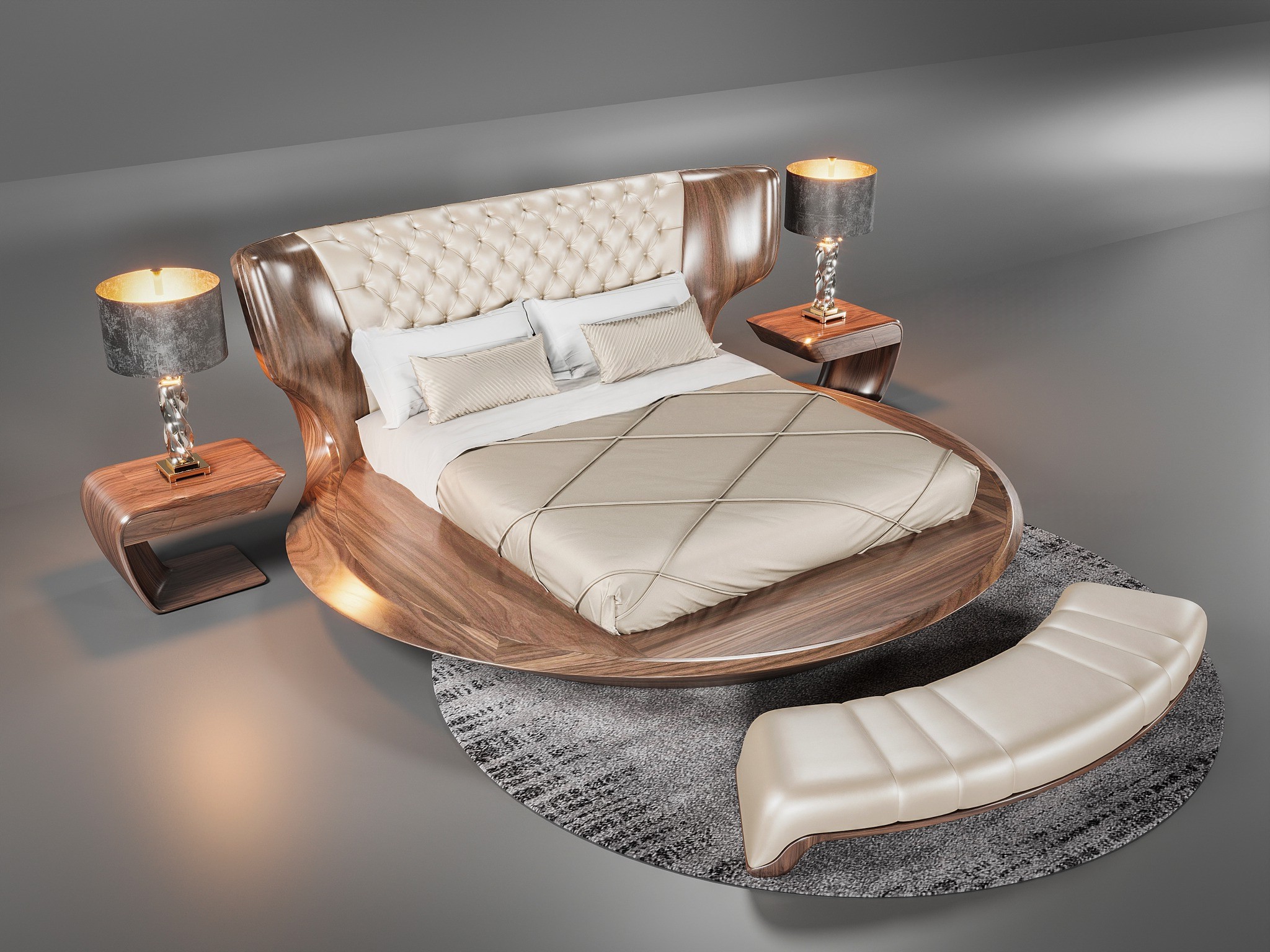 Giường gỗ tròn bọc da champagne, đầu giường diamond, khung veneer walnut