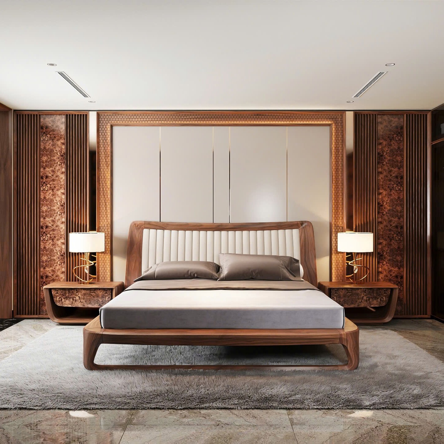 Giường ngủ 1m6 x 2m bằng gỗ tự nhiên với tựa đầu bọc da trắng kẻ sọc và tab veneer nu