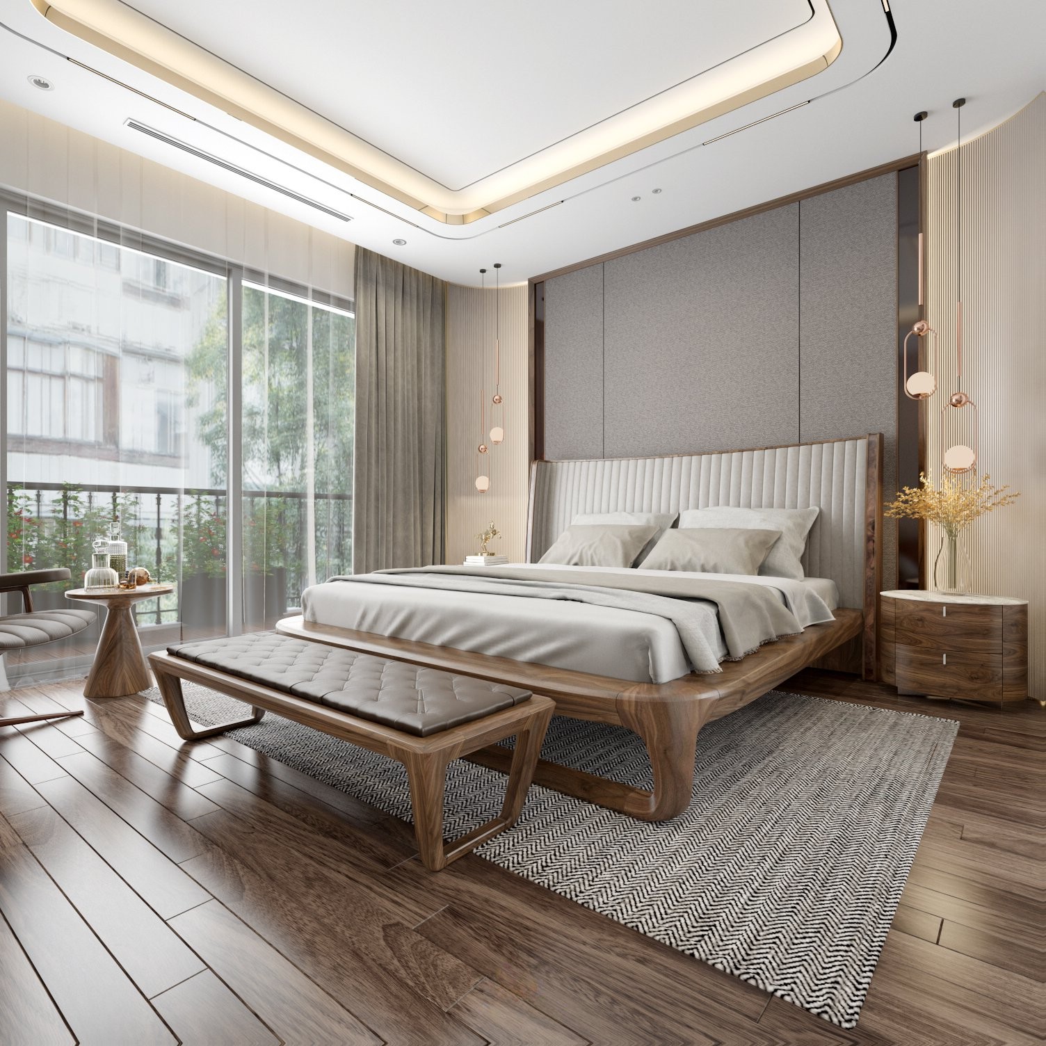 Giường ngủ bằng gỗ hiện đại với đầu giường cong nhẹ bọc nỉ xám và ghế cuối giường da chần nút