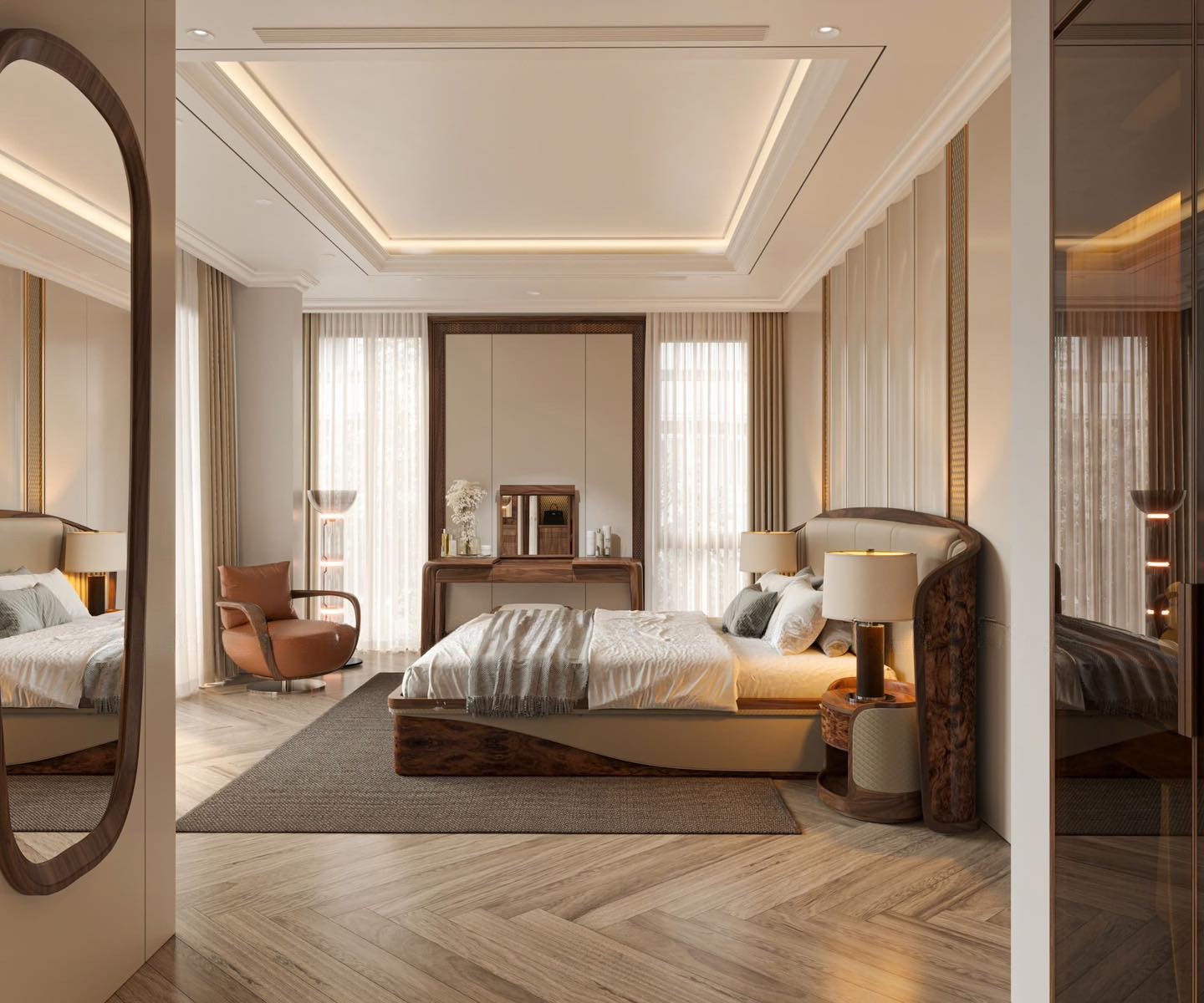 Giường ngủ cao cấp dáng thấp hình hộp chữ nhật bọc da màu be và ốp gỗ veneer nu sang trọng