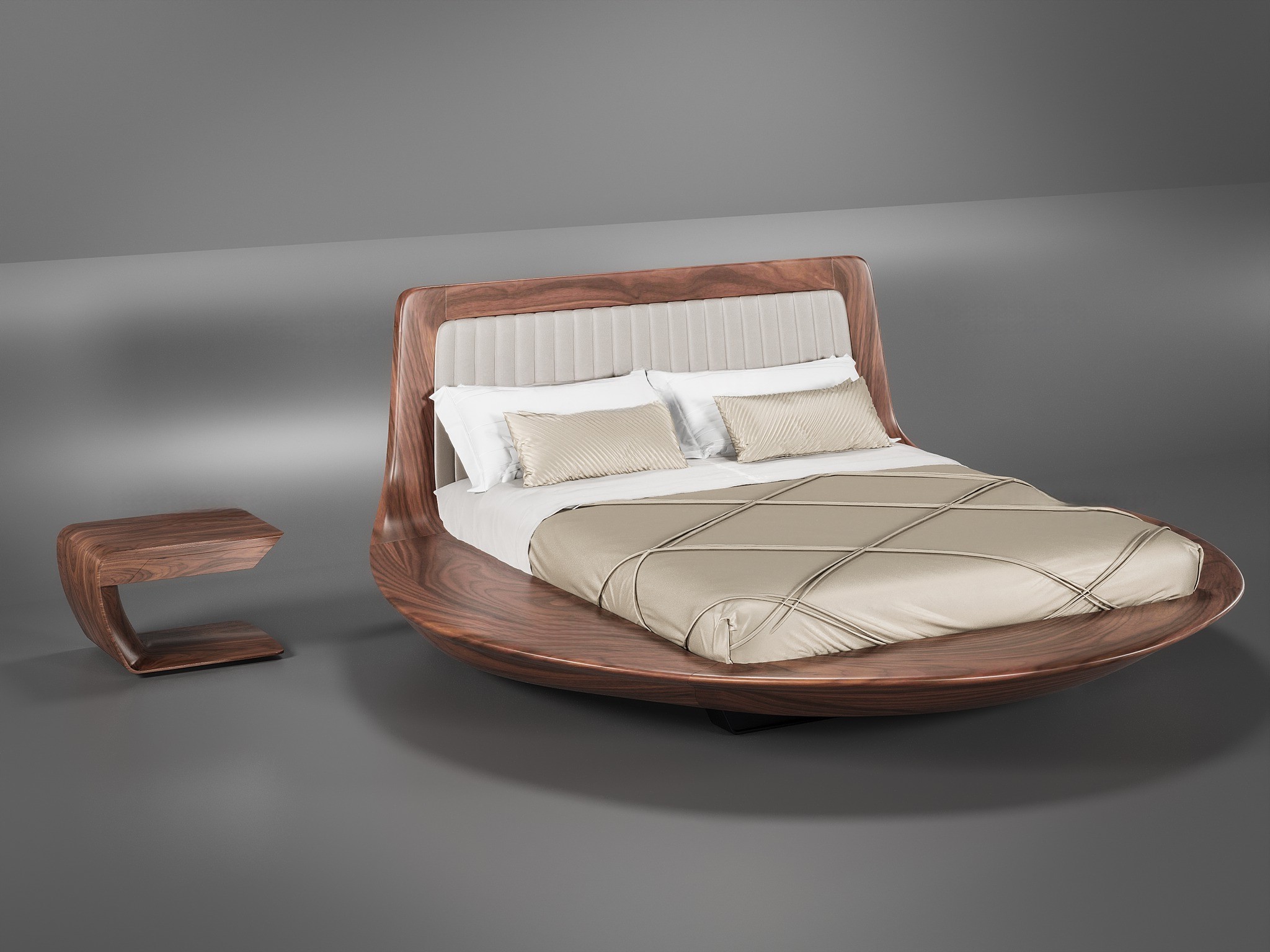 Giường ngủ đẹp hiện đại hình tròn khung gỗ óc chó và chân kim loại