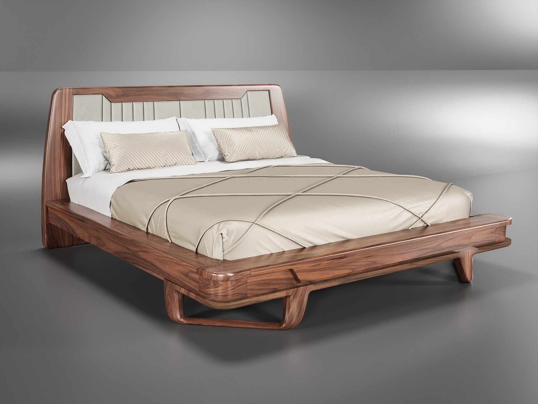 Giường ngủ đôi gỗ óc chó chân chữ U chéo góc và đầu giường bọc da ghi nhạt