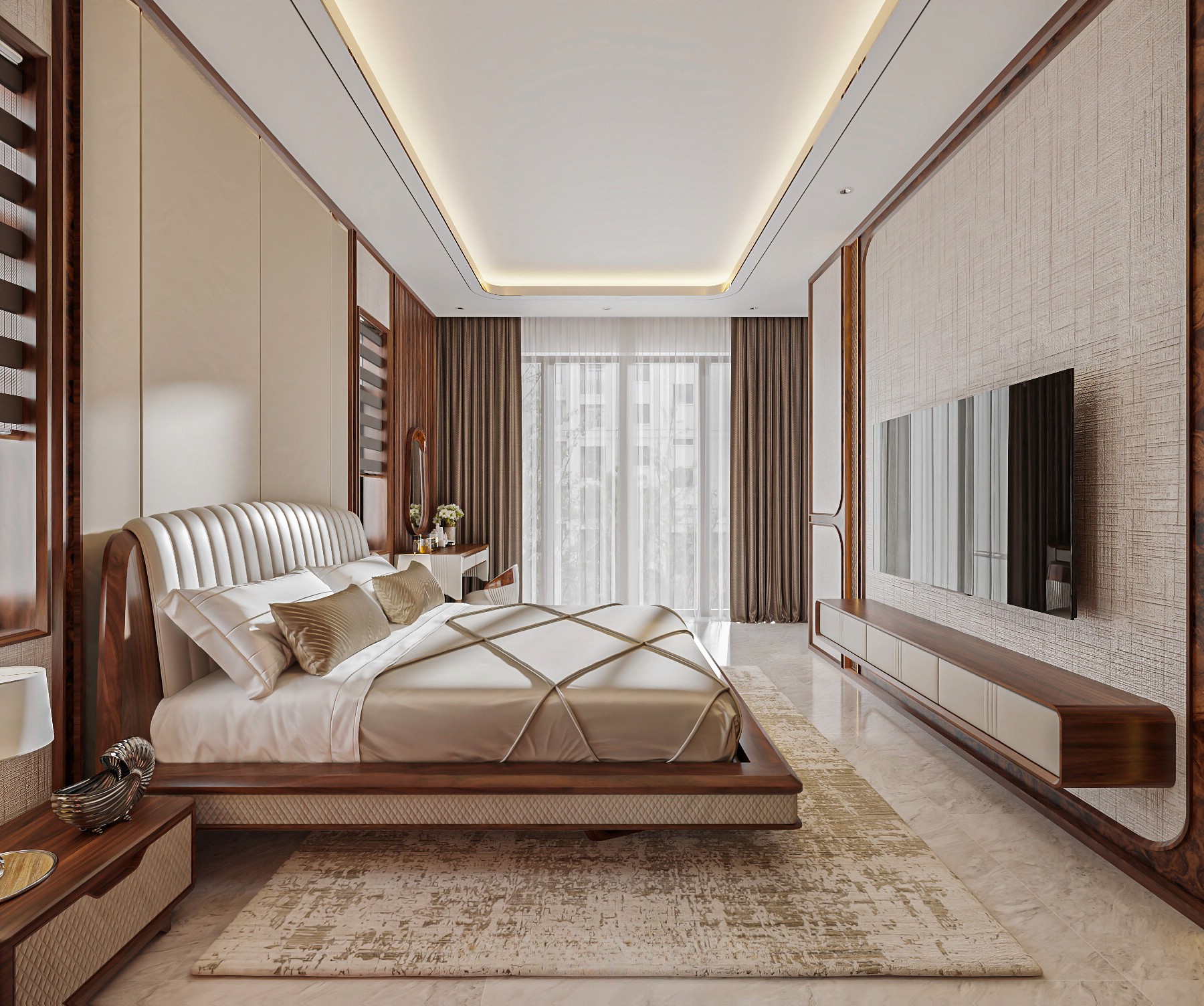 Giường ngủ gỗ cao cấp gỗ óc chó với đầu giường bọc da quả trám sang trọng