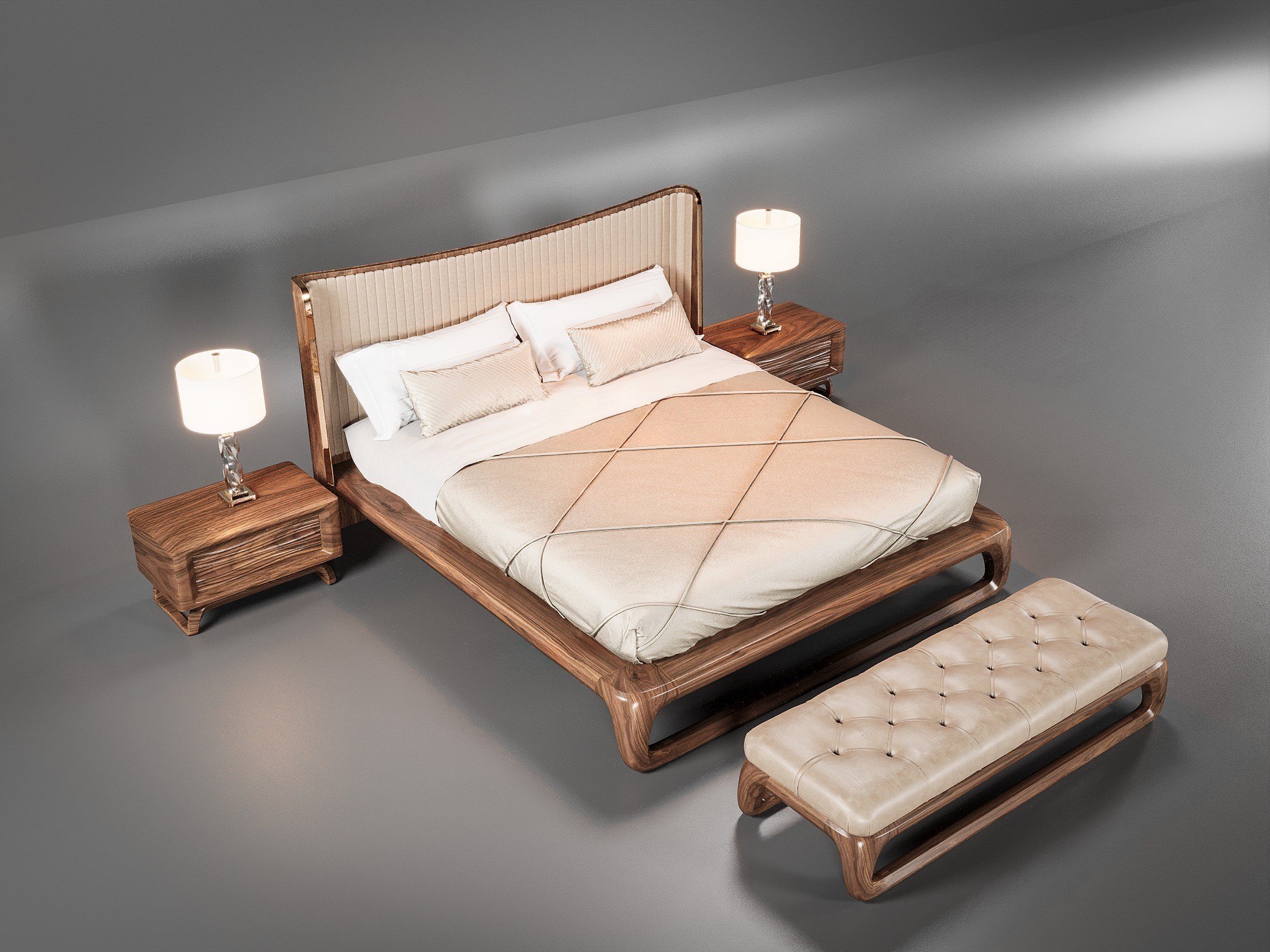 Giường ngủ gỗ tự nhiên hiện đại với tựa đầu bọc nỉ màu kem và tab CNC sóng nước