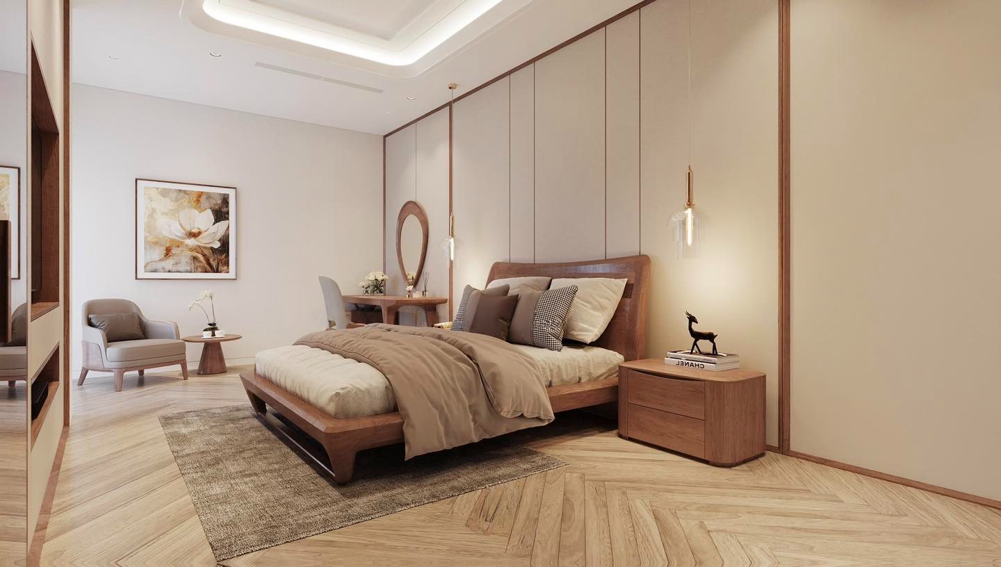 Giường ngủ gỗ tự nhiên hiện đại khung hộp chữ nhật vát chéo và chân chữ U