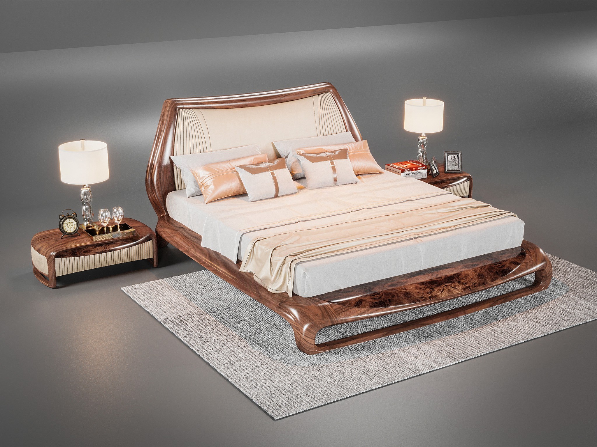 Giường ngủ hiện đại cao cấp khung gỗ liền khối và đầu giường bọc da be sang trọng