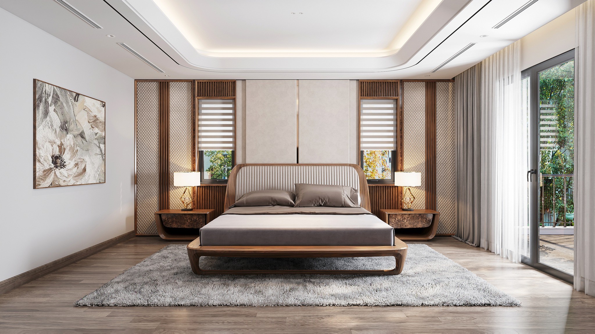 Giường ngủ hiện đại đơn giản dáng thấp bằng gỗ tự nhiên màu nâu vàng với tựa đầu ốp nệm da trắng ghi kẻ sọc