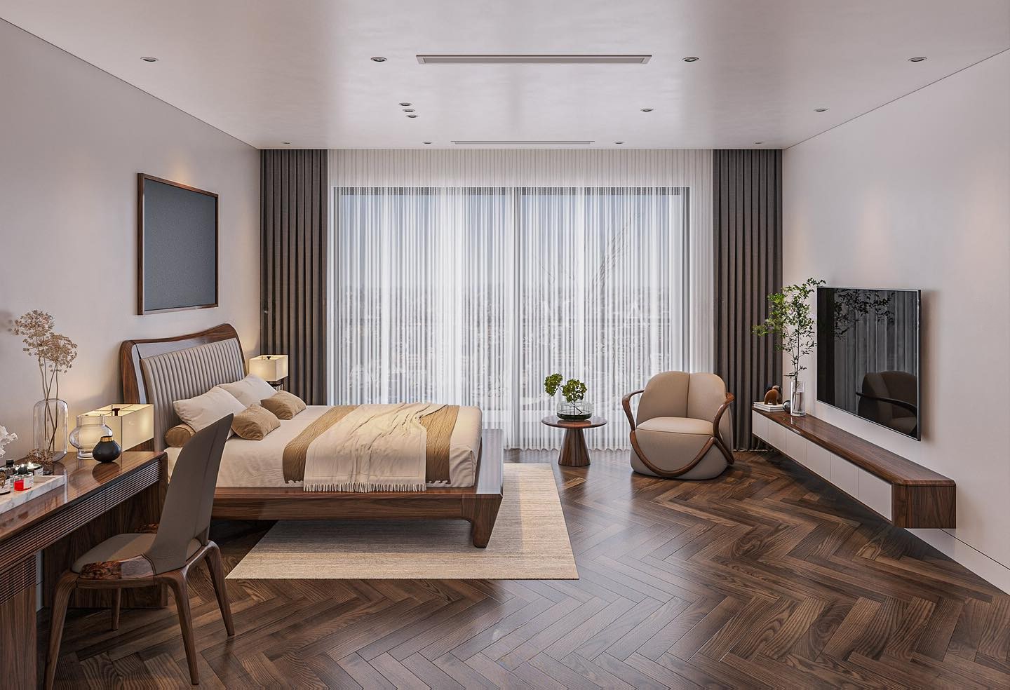 Giường ngủ sang trọng với khung gỗ bản to và đầu giường bọc nỉ xám nhạt