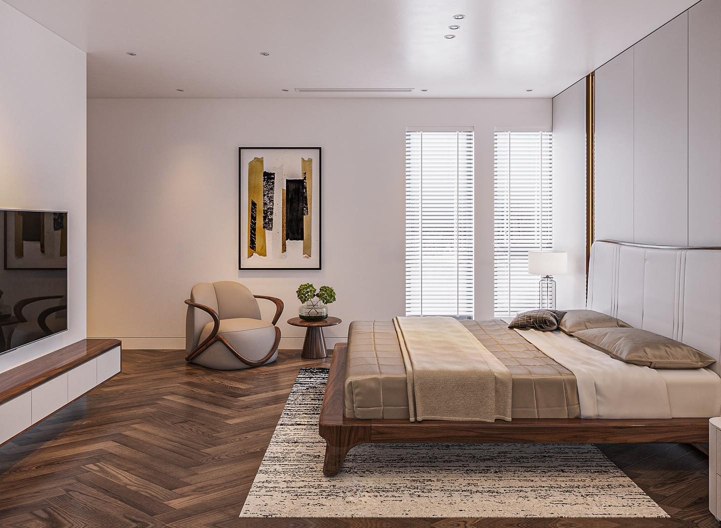 Giường ngủ thấp bằng gỗ tự nhiên với tựa đầu bọc da màu trắng be sang trọng