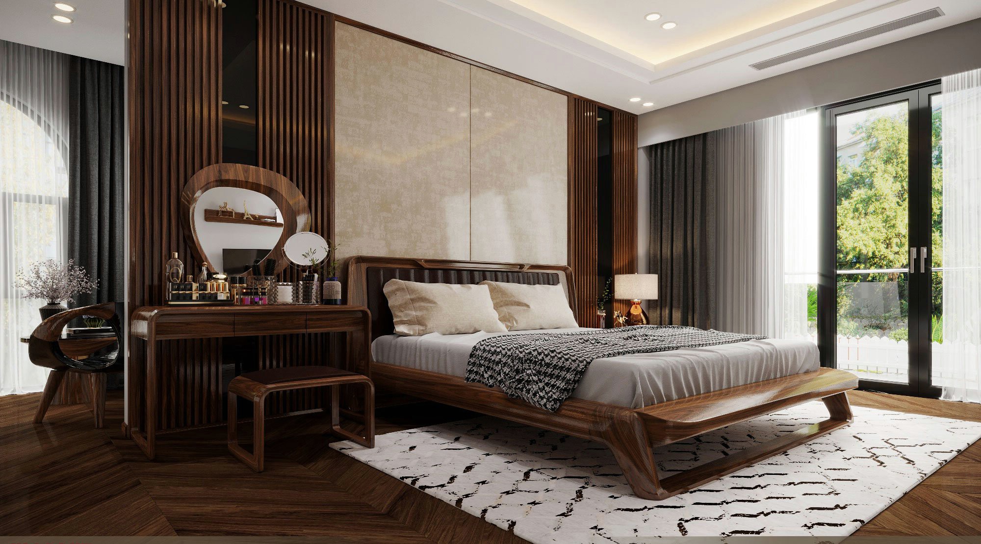 Giường ngủ gỗ óc chó chân quỳ, đầu giường bọc nệm sọc dọc, thành cuối có thể ngồi