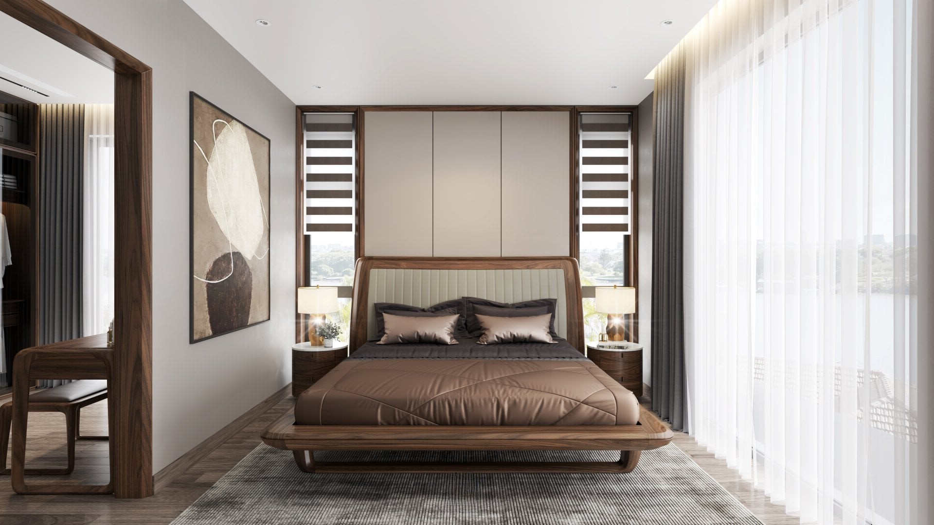 Giường ngủ gỗ óc chó tự nhiên hiện đại