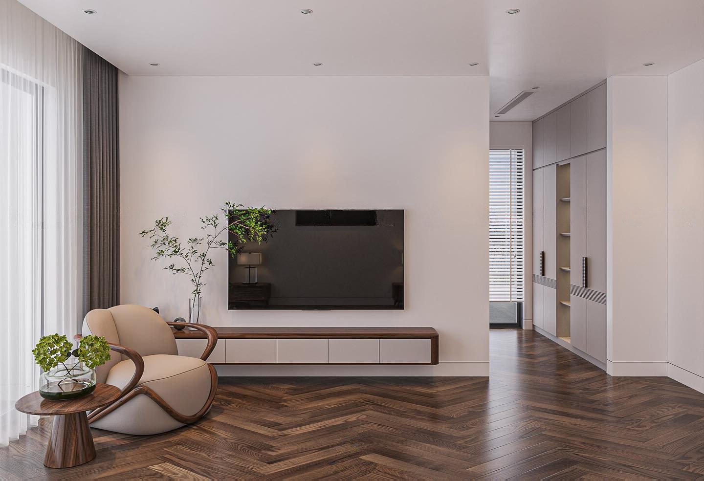 Kệ tivi đơn giản treo tường 5 ngăn kéo mặt acrylic trắng và thân gỗ nâu đậm