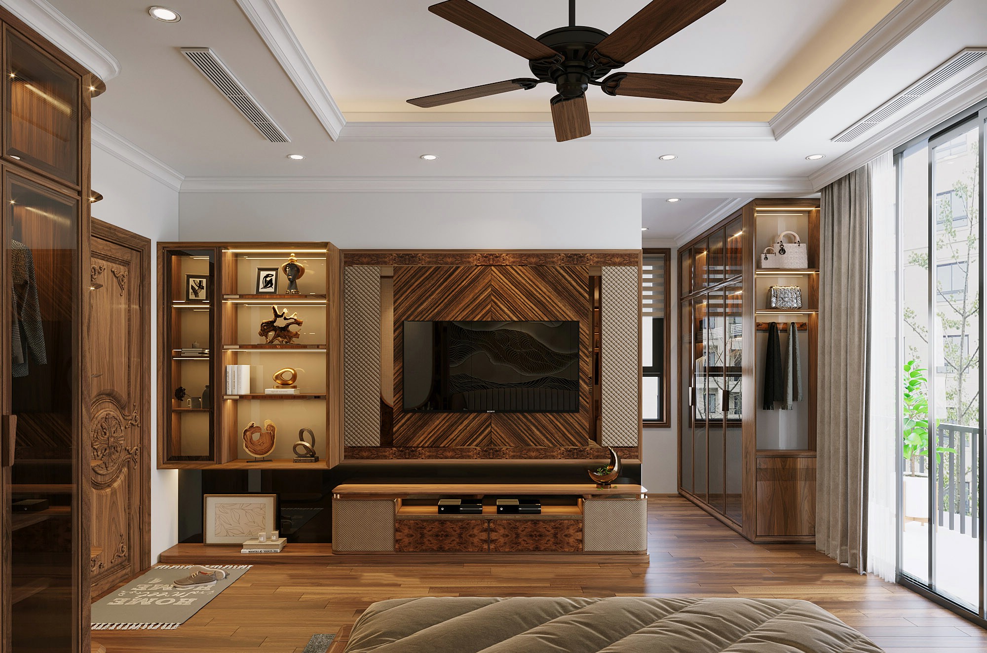 Kệ tivi gỗ đơn giản hiện đại với ngăn CNC mắt cáo, vách ốp tường kẻ chéo và kệ kính treo tường